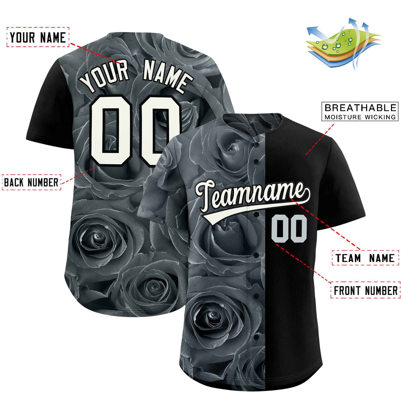 Custom Silver Black Split Rose Print Authentic Baseball Jersey