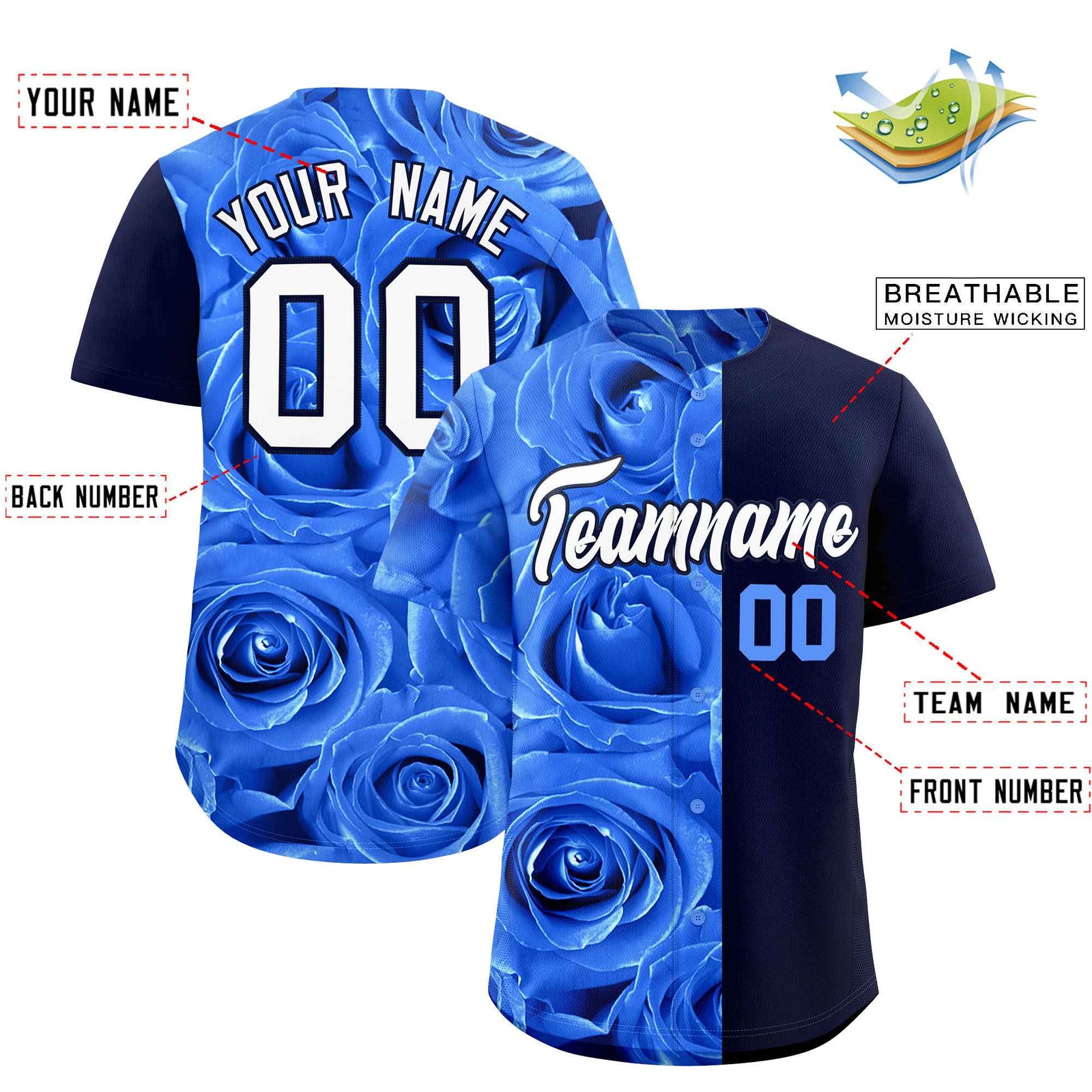 Custom Powder Blue Navy Split Rose Print Authentic Baseball Jersey