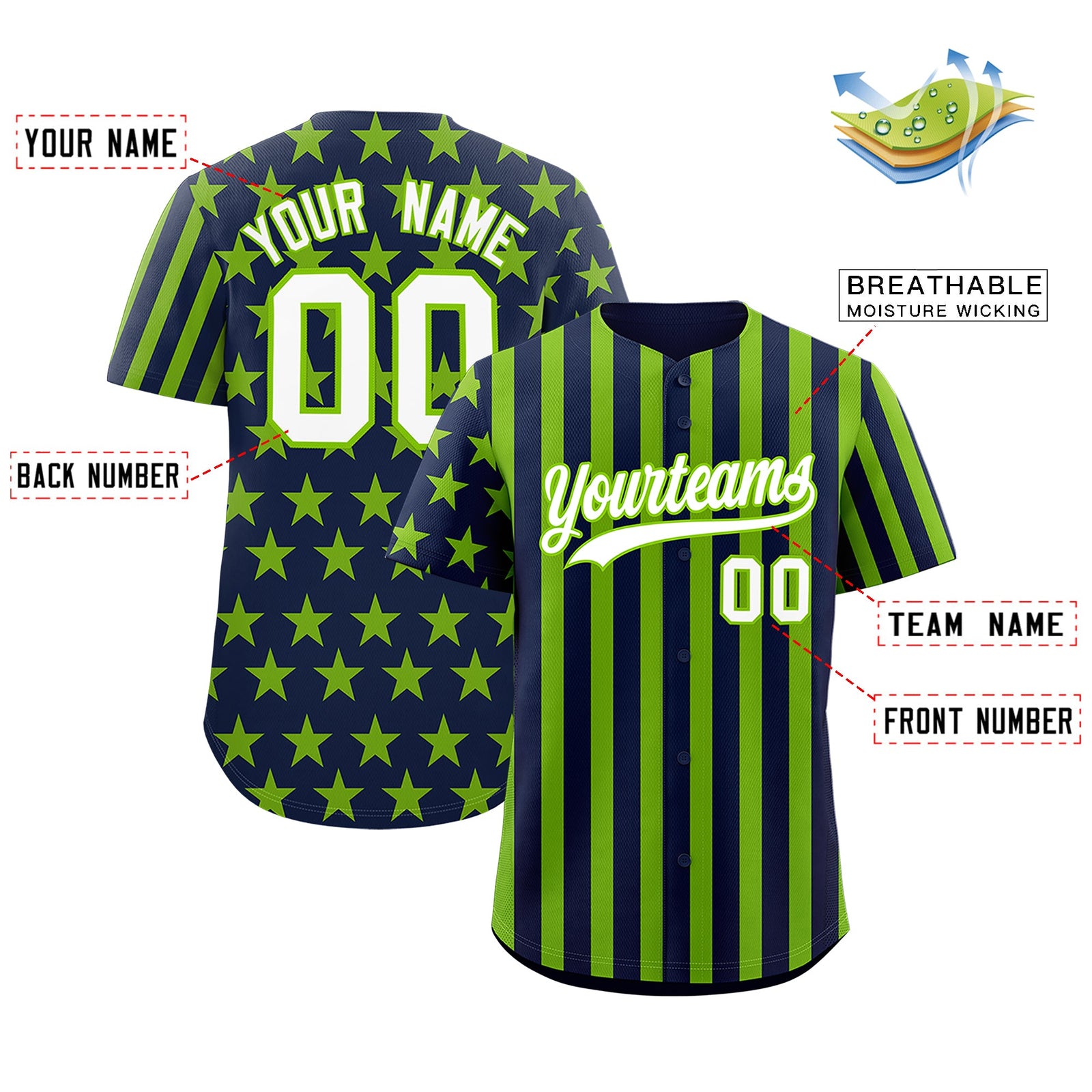 Custom Neon Green Navy American Flag Graffiti Pattern Baseball Jersey| KXKSHOP