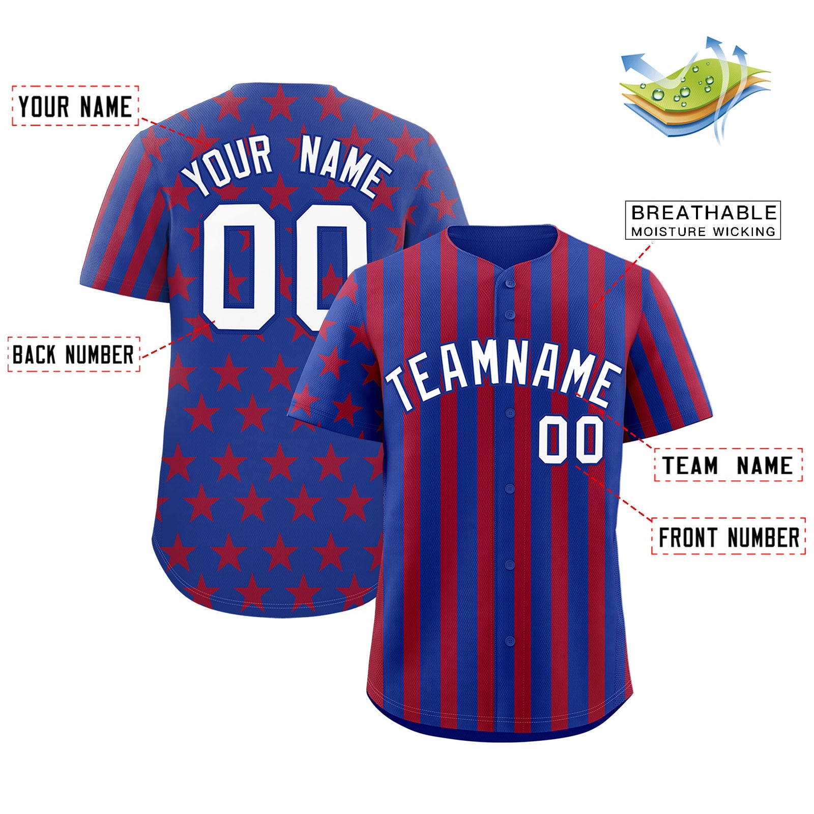 Custom Royal Blue Red American Flag Graffiti Pattern Baseball Jersey| KXKSHOP
