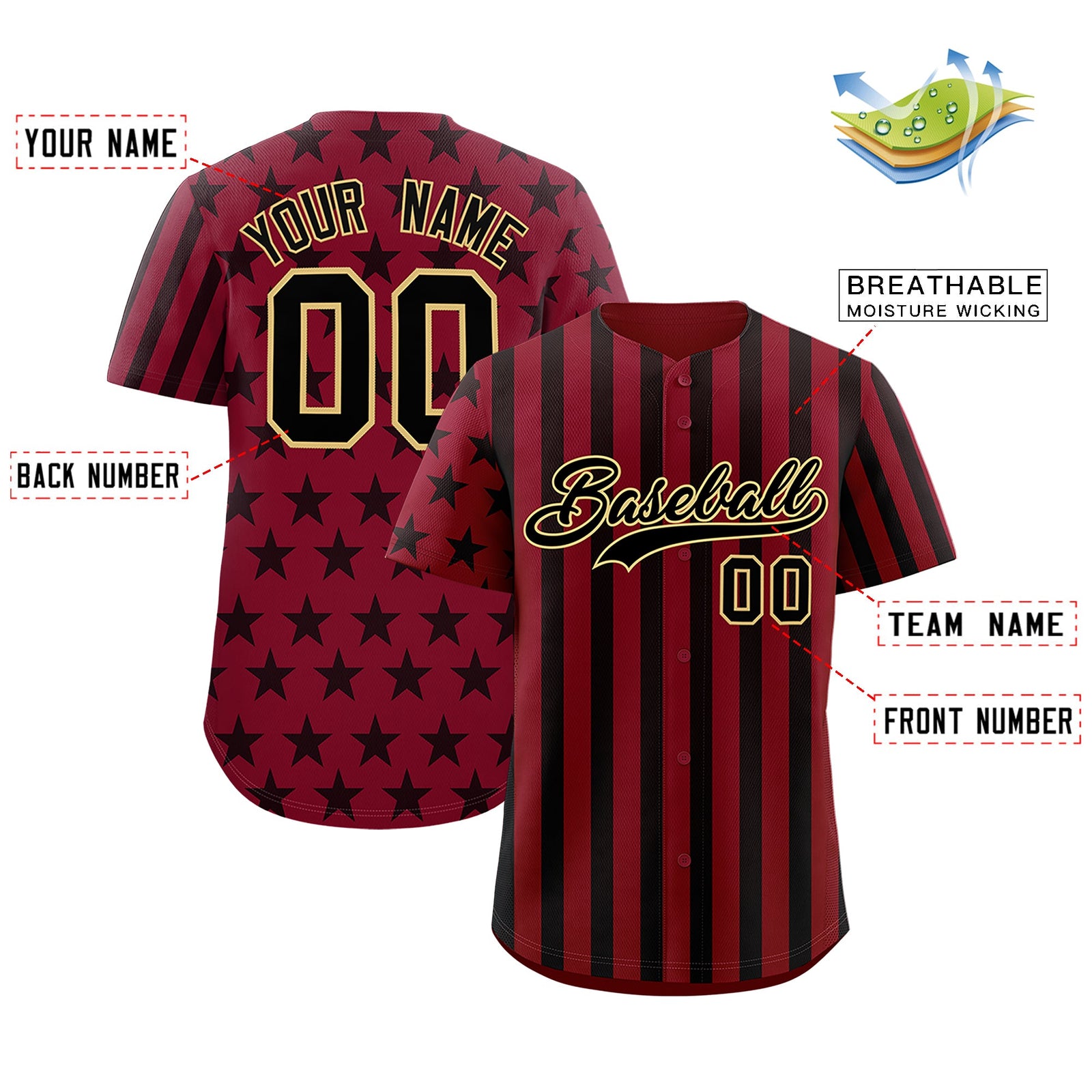Custom Crimson Black American Flag Graffiti Pattern Baseball Jersey| KXKSHOP