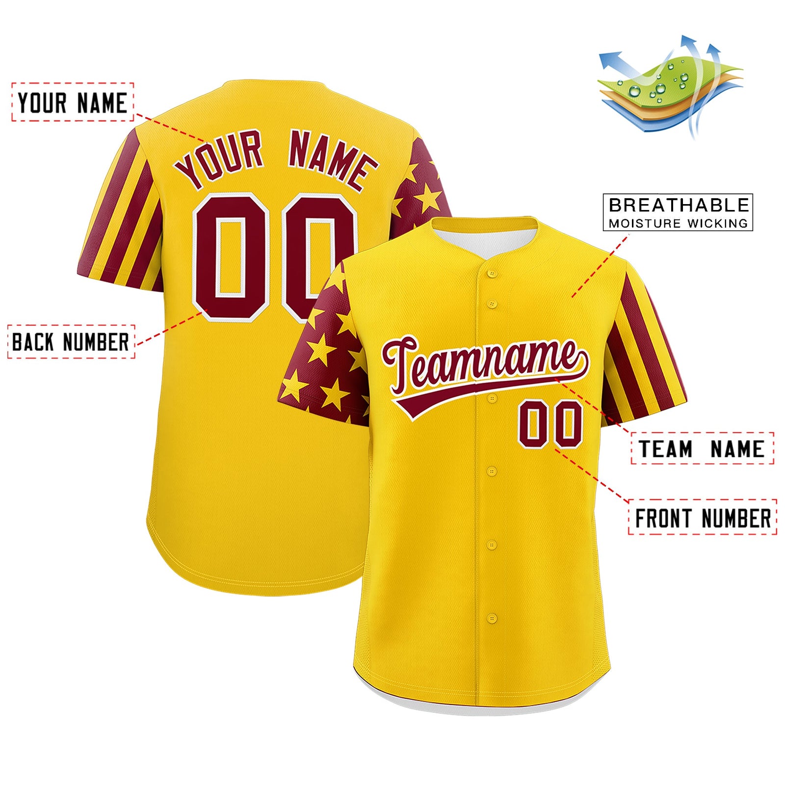 Custom Gold Crimson American Flag Raglan Sleeves Baseball Jersey| KXKSHOP