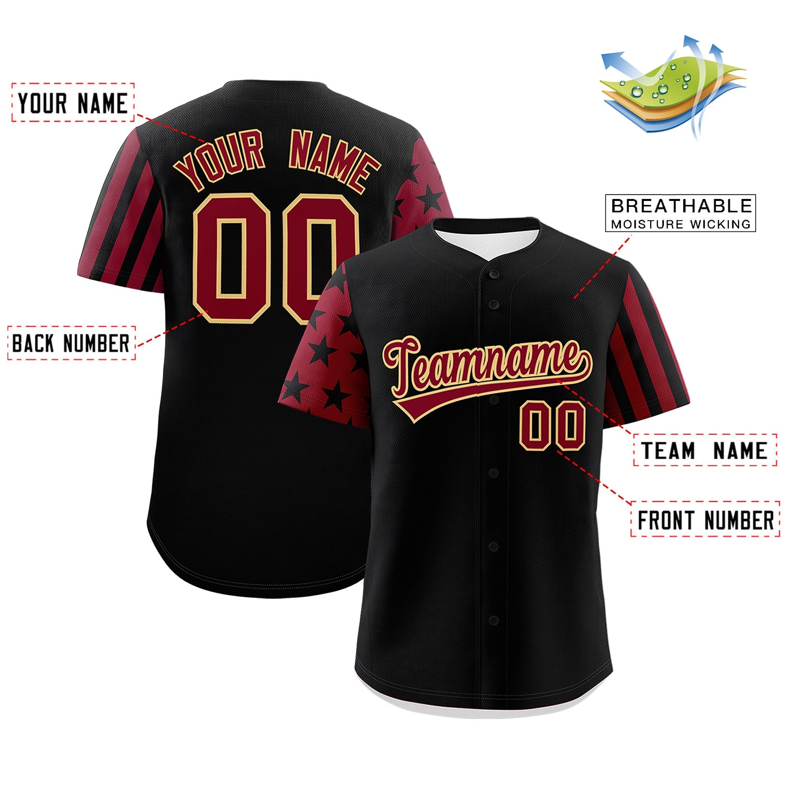 Custom Black Crimson American Flag Raglan Sleeves Baseball Jersey| KXKSHOP