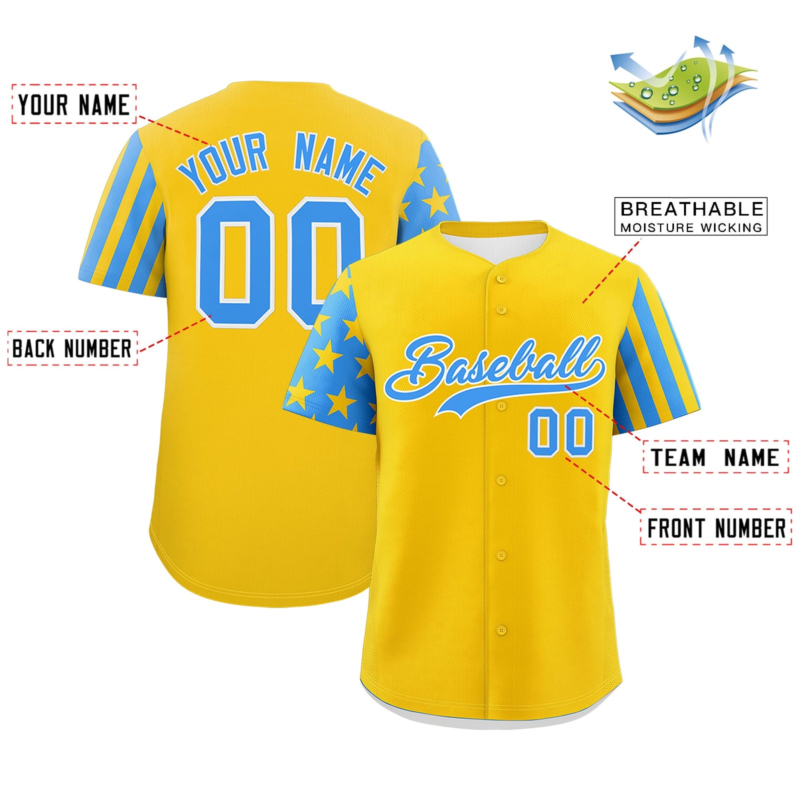 Custom Gold Powder Blue American Flag Raglan Sleeves Baseball Jersey| KXKSHOP