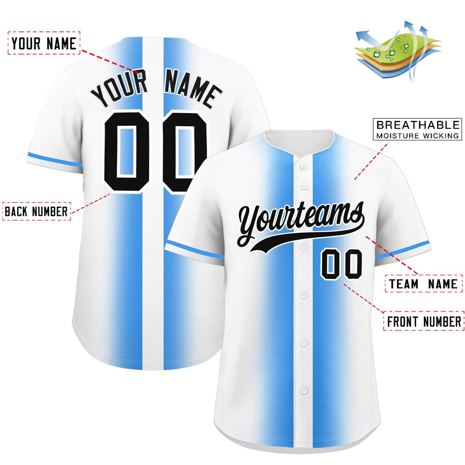 Custom White Powder Blue Lapel Gradient Fashion Authentic Baseball Jersey