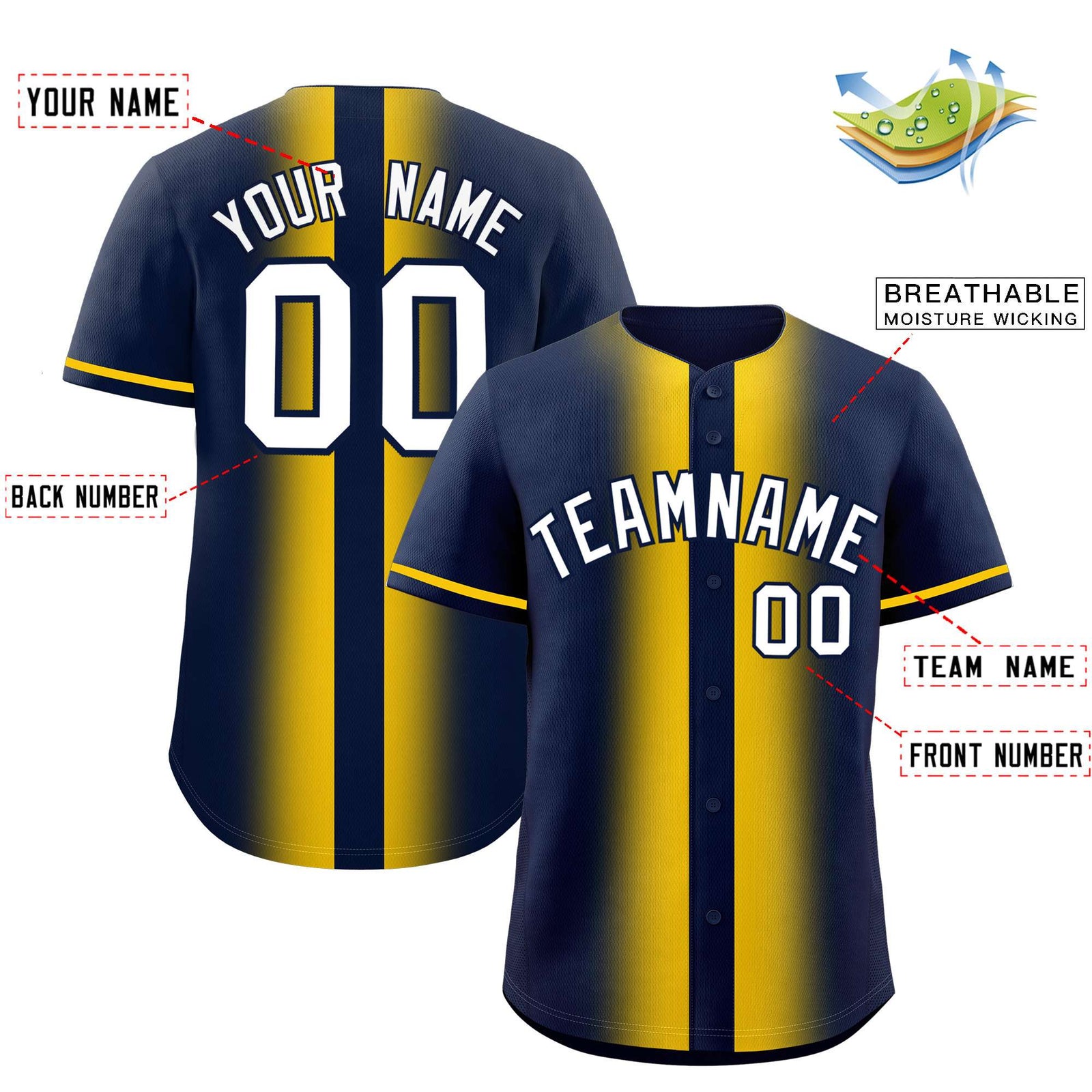 Custom Navy Gold Lapel Gradient Fashion Authentic Baseball Jersey