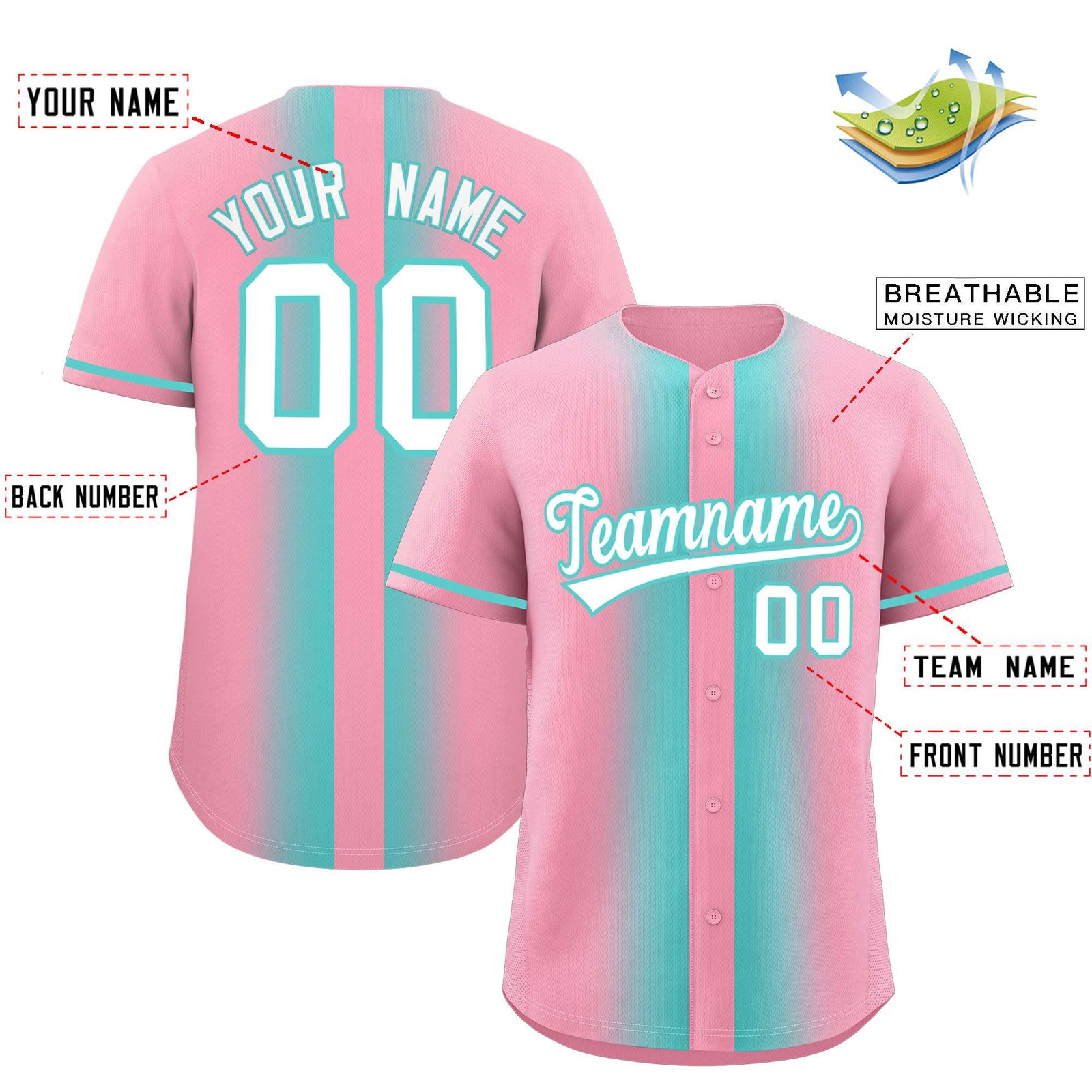 Custom Light Pink Bright Green Lapel Gradient Fashion Authentic Baseball Jersey