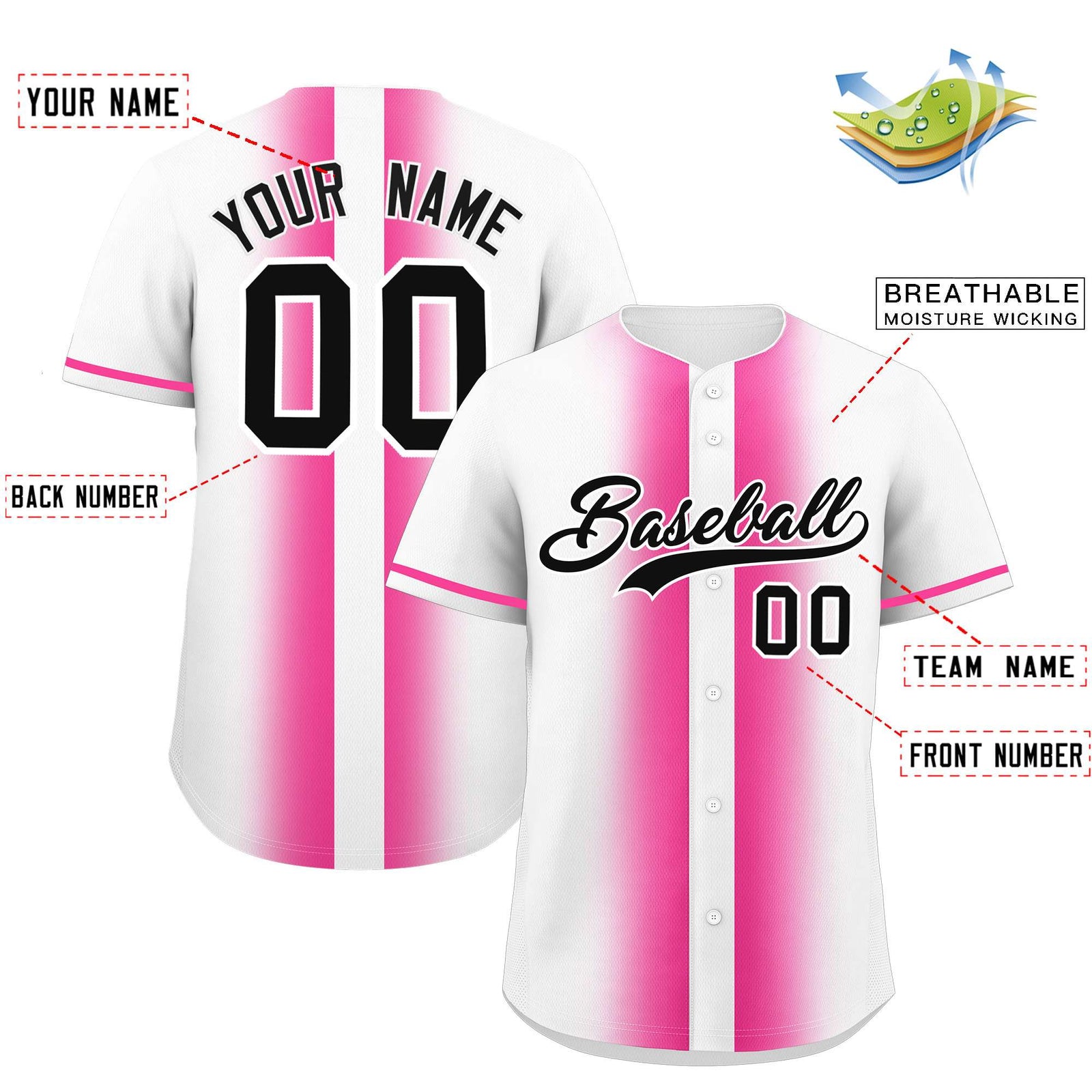 Custom White Pink Lapel Gradient Fashion Authentic Baseball Jersey