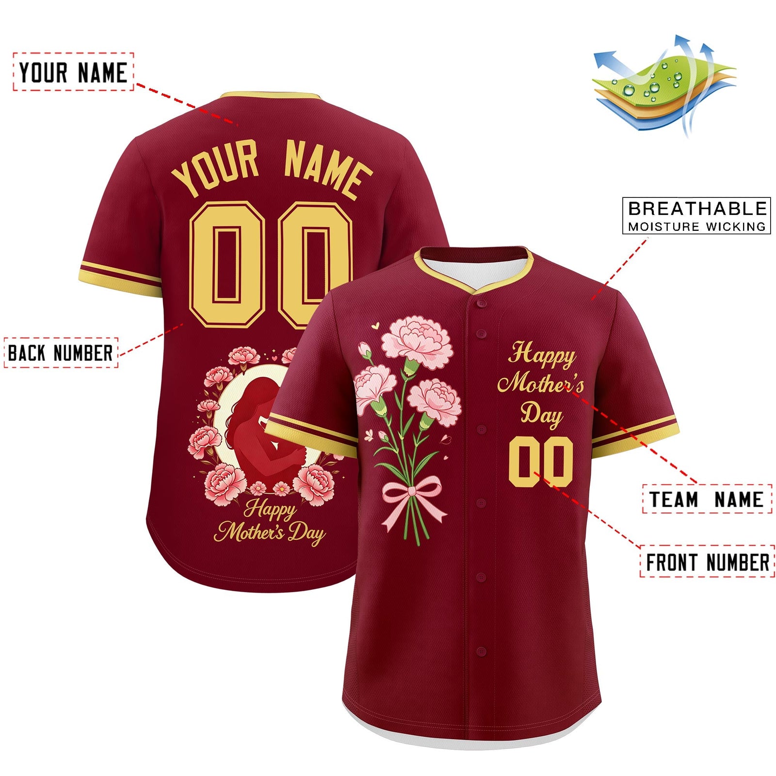 Custom Crimson Khaki Mother's Day Style Personalization Wrinkle-Resistant Baseball Jersey| KXKSHOP