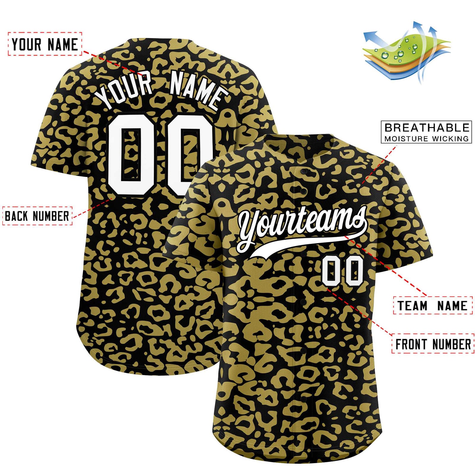 Custom Black Old Gold Leopard Print Pattern Authentic Baseball Jersey