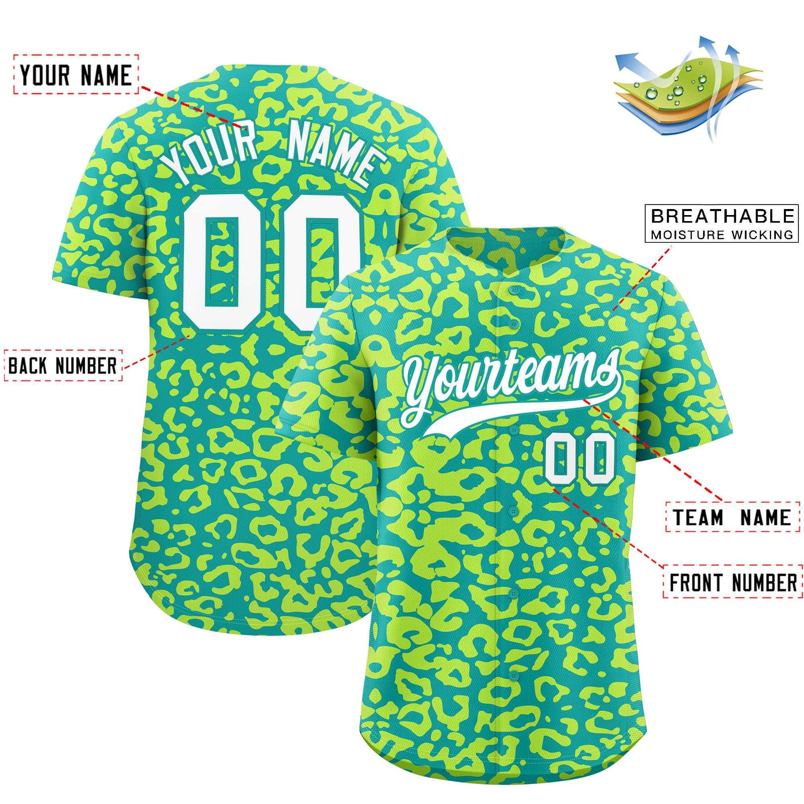 Custom Aqua Fluorescent Green Leopard Print Pattern Authentic Baseball Jersey