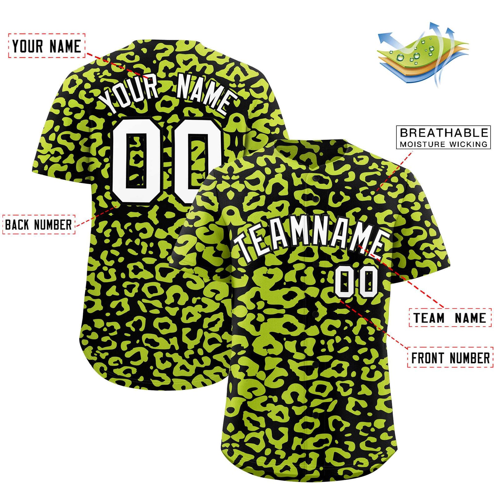 Custom Black Fluorescent Green Leopard Print Pattern Authentic Baseball Jersey