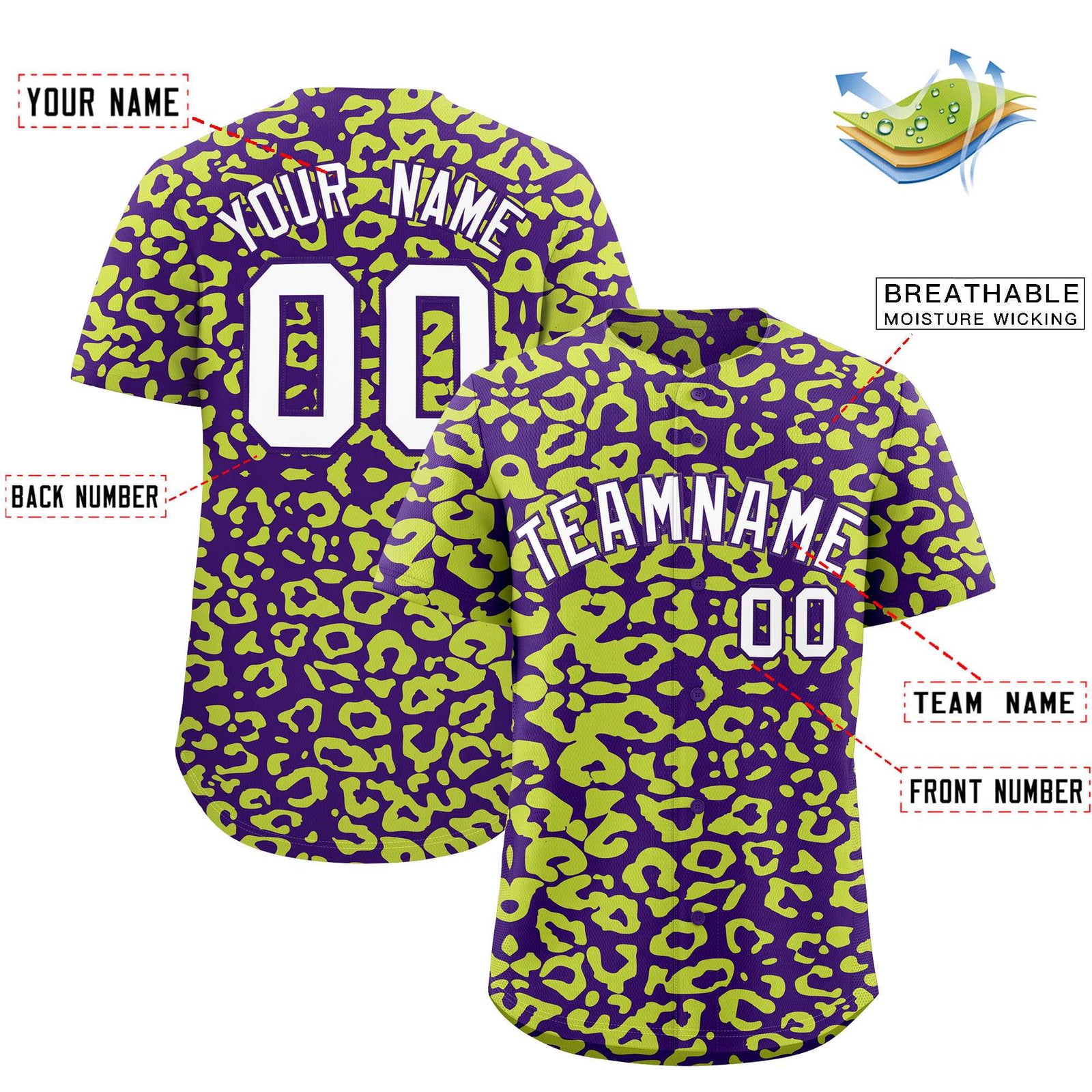 Custom Purple Fluorescent Green Leopard Print Pattern Authentic Baseball Jersey