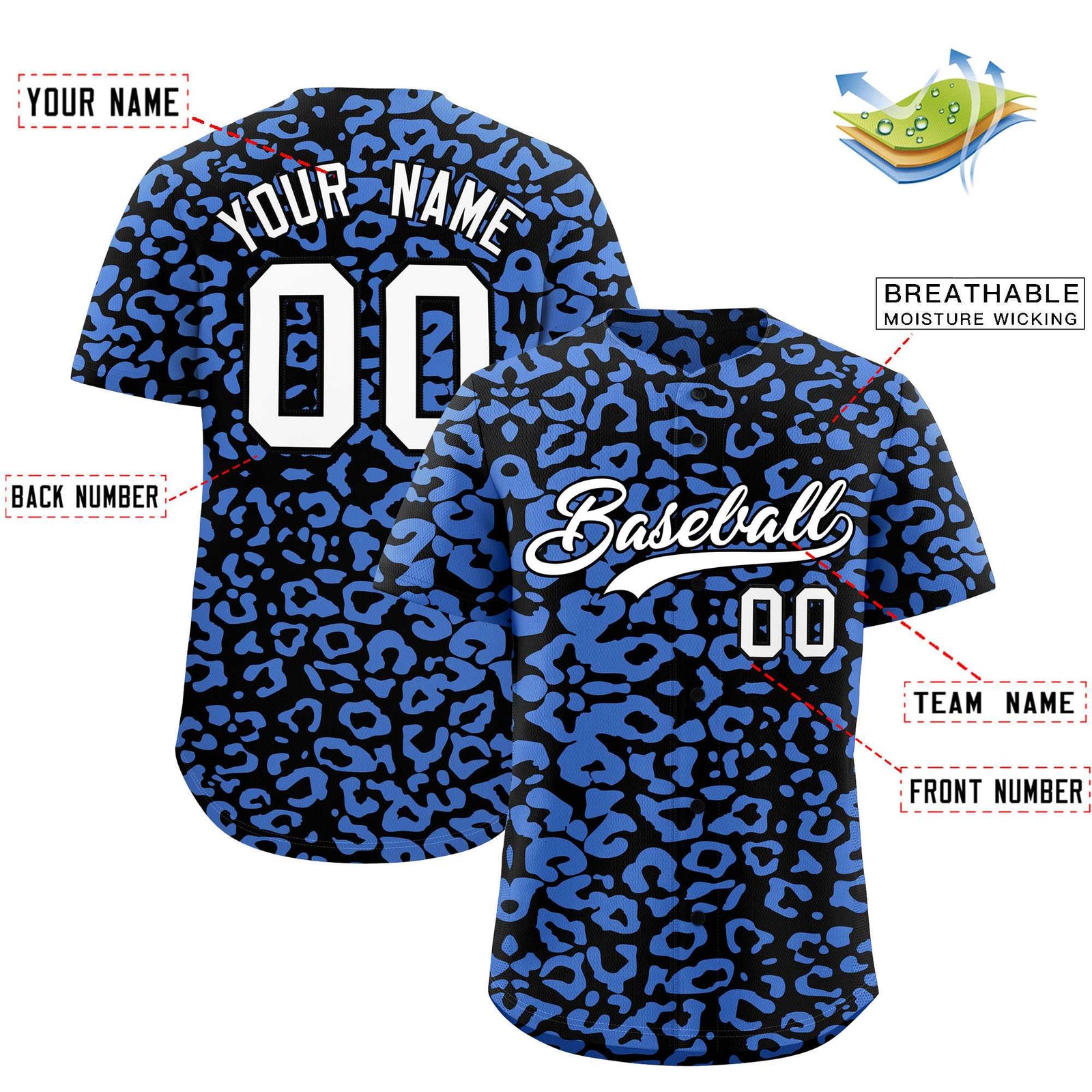 Custom Black Light Blue Leopard Print Pattern Authentic Baseball Jersey