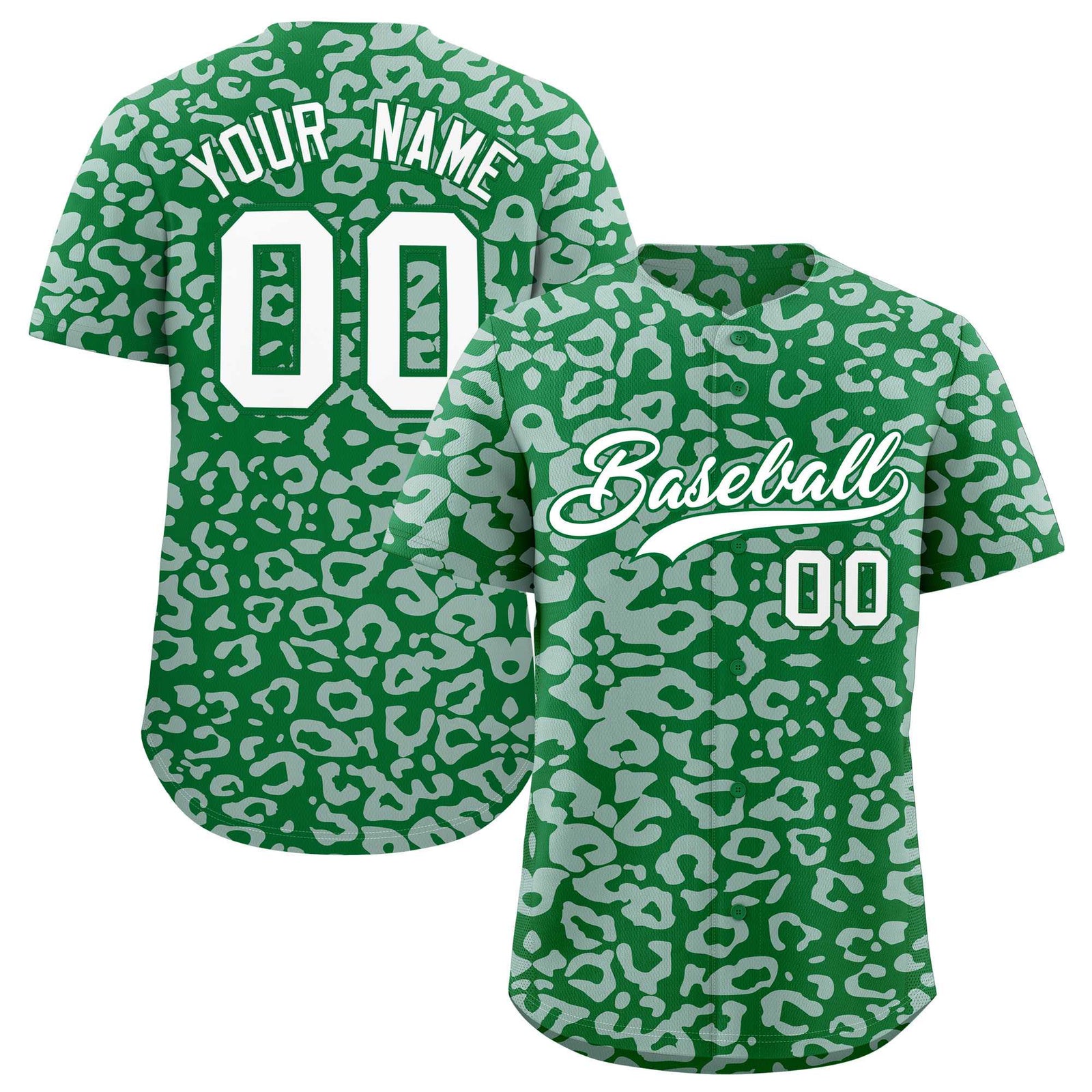 Custom Kelly Green Silver Leopard Print Pattern Authentic Baseball Jersey