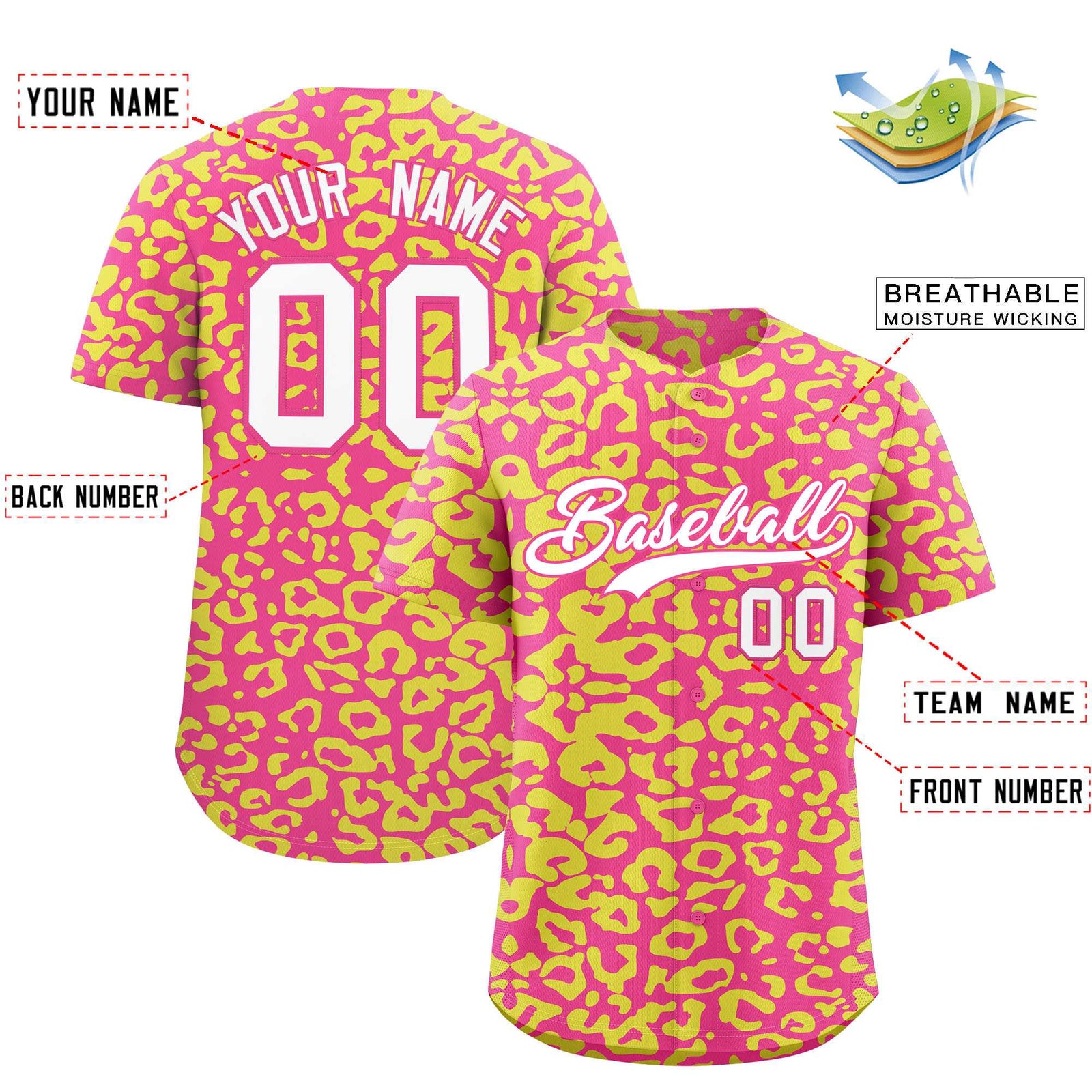 Custom Pink Fluorescent Green Leopard Print Pattern Authentic Baseball Jersey