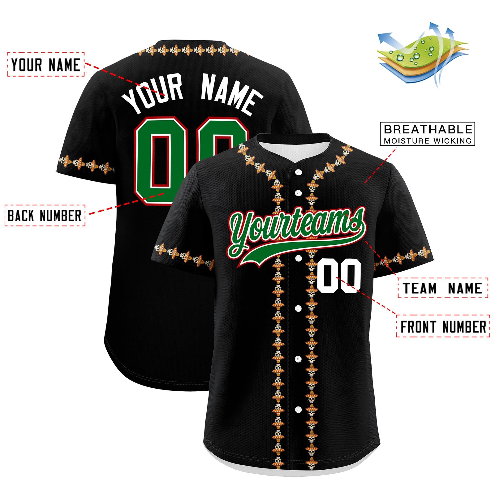 Custom Black Kelly Green White Graffiti Pattern Mexican style Stretch Fabric Baseball Jersey| KXKSHOP