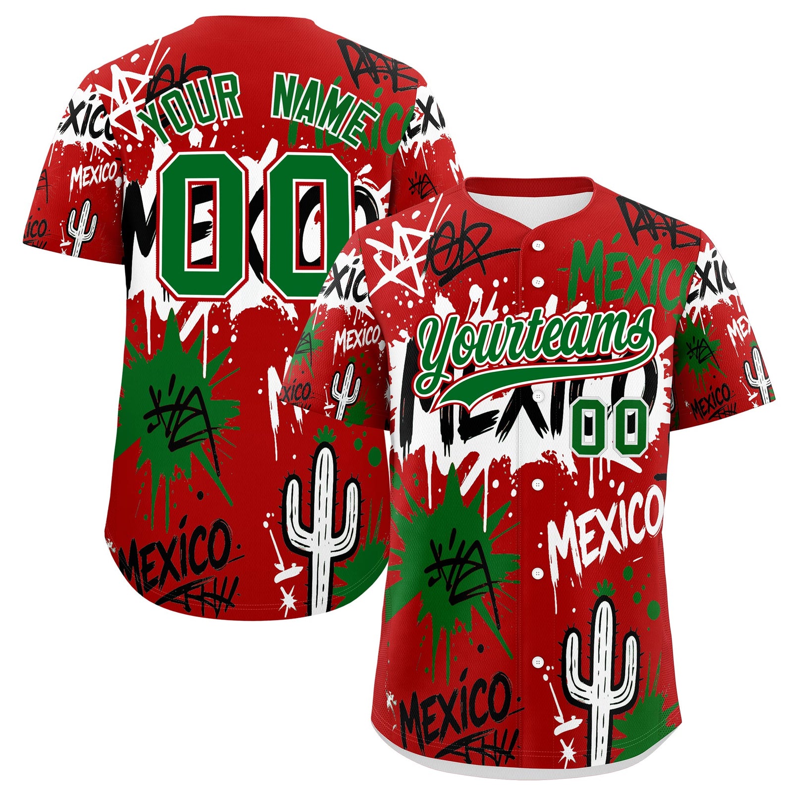 Custom Red Kelly Green White Graffiti Pattern Mexican style Stretch Fabric Baseball Jersey| KXKSHOP