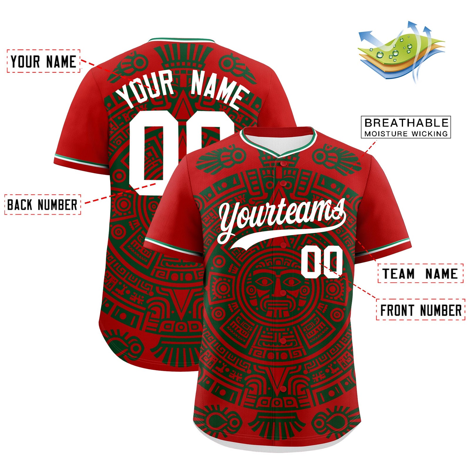 Custom Red Dark Green White Graffiti Pattern Mexican style Stretch Fabric Baseball Jersey| KXKSHOP