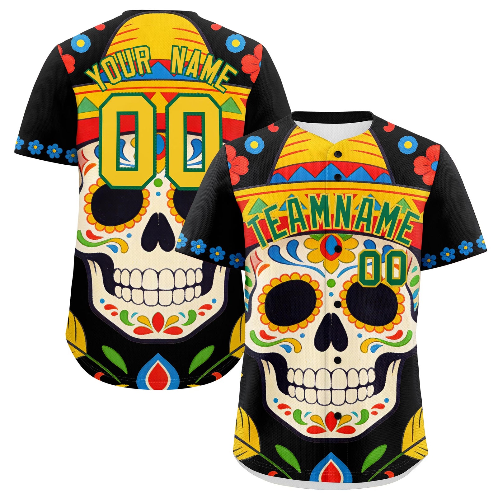 Custom Black Kelly Green Gold Graffiti Pattern Mexican style Stretch Fabric Baseball Jersey| KXKSHOP