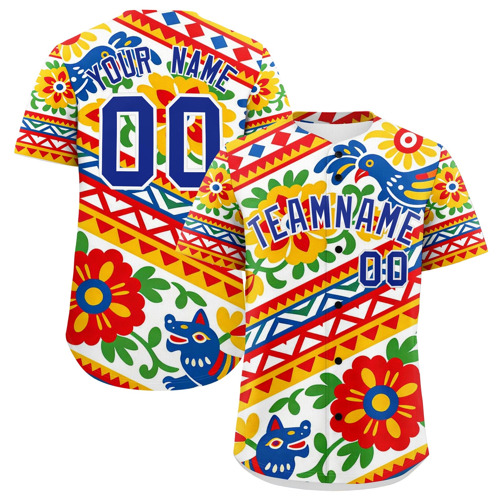 Custom White Royal Blue Graffiti Pattern Mexican style Stretch Fabric Baseball Jersey| KXKSHOP