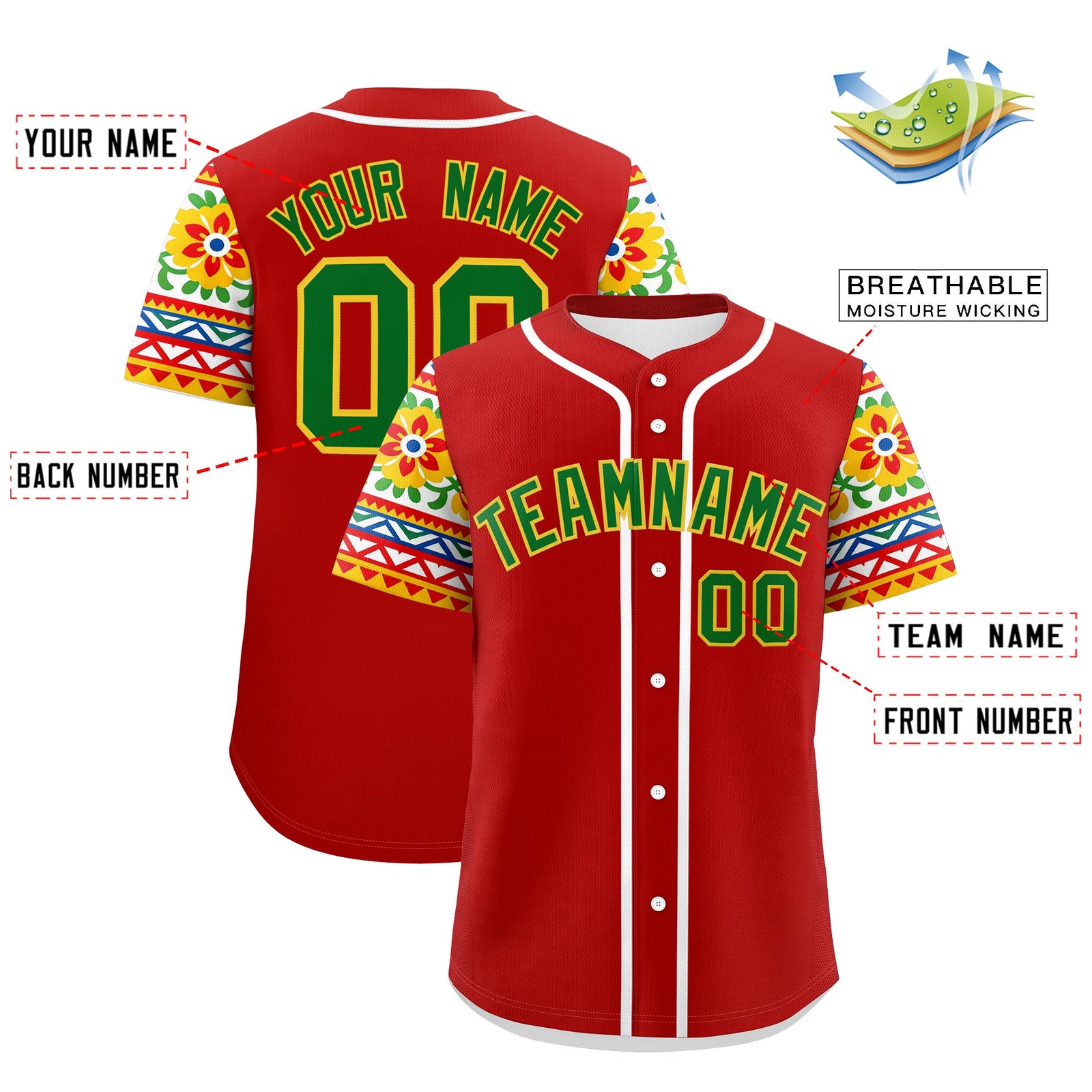 Custom Red Kelly Green Gold Graffiti Pattern Mexican style Stretch Fabric Baseball Jersey| KXKSHOP