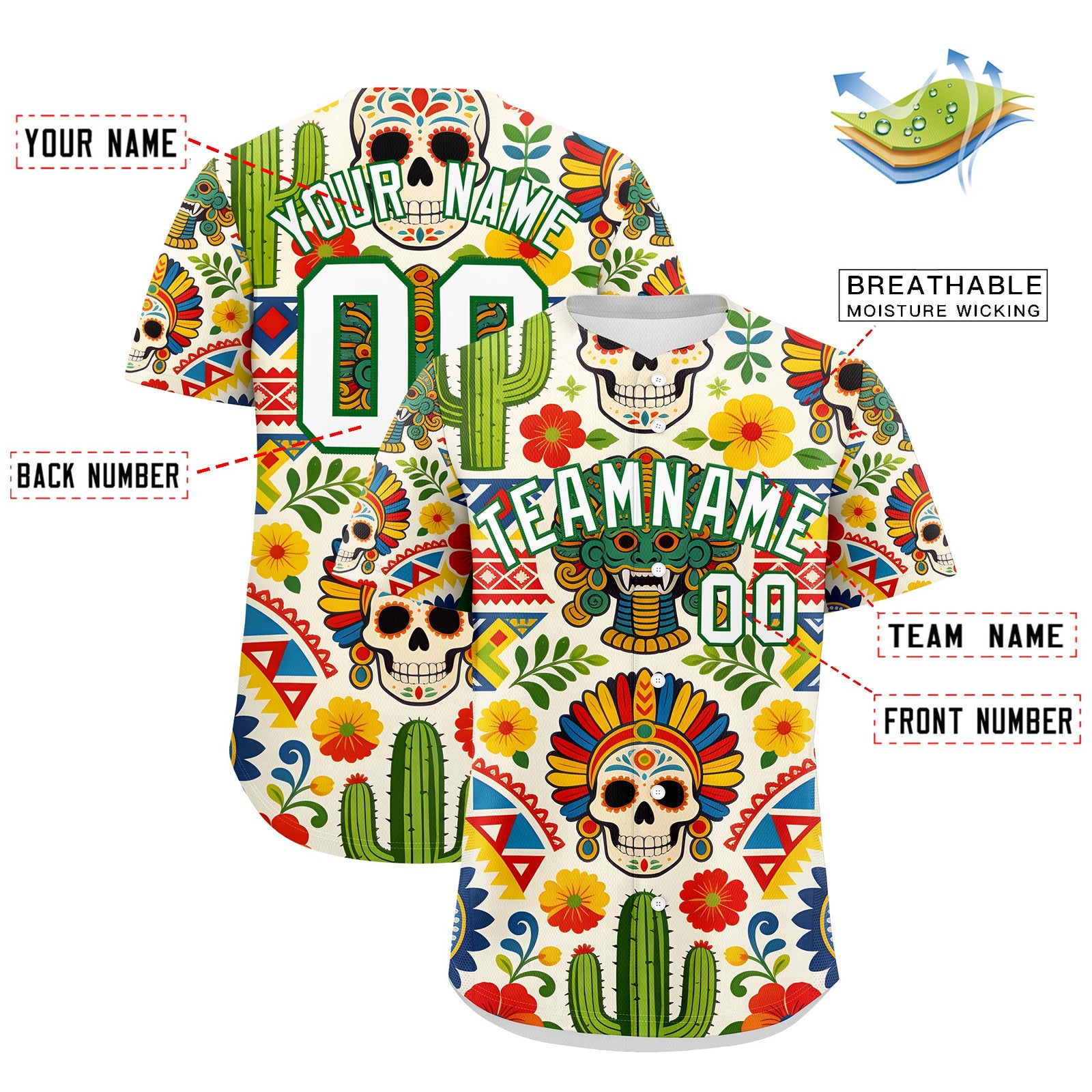 Custom White Kelly Green Graffiti Pattern Mexican style Stretch Fabric Baseball Jersey| KXKSHOP