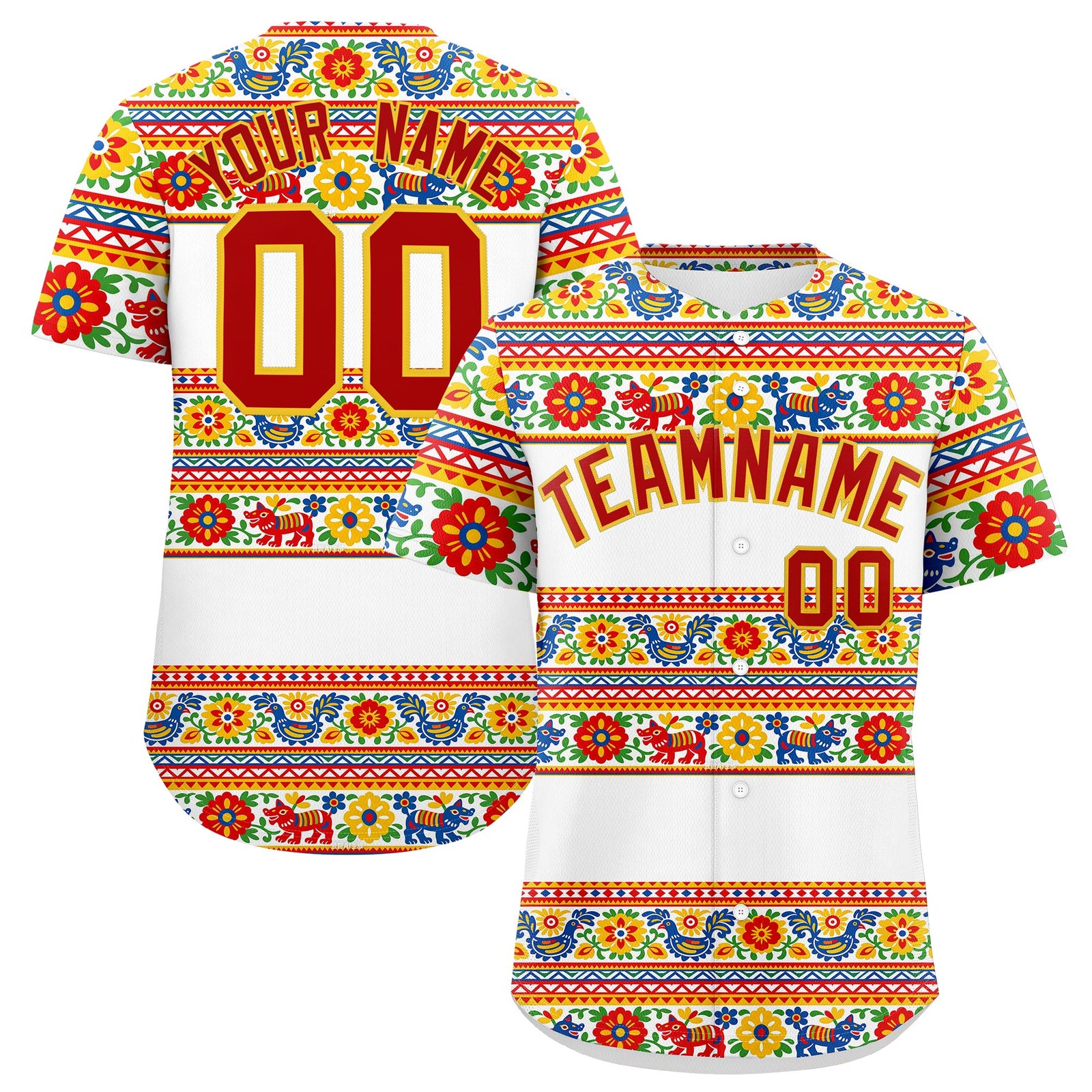 Custom White Red Gold Graffiti Pattern Mexican style Stretch Fabric Baseball Jersey| KXKSHOP
