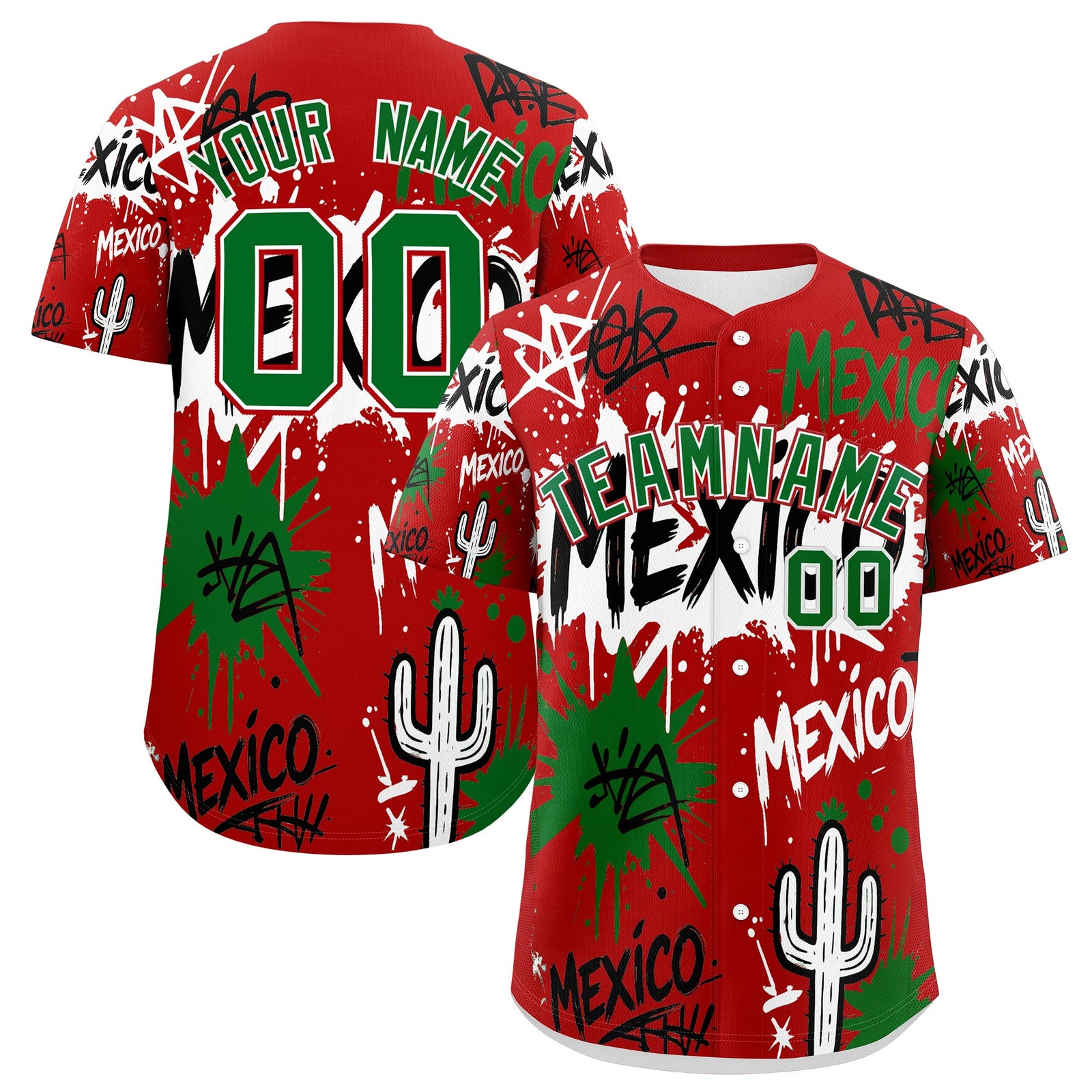 Custom Red Kelly Green White Graffiti Pattern Mexican style Stretch Fabric Baseball Jersey| KXKSHOP
