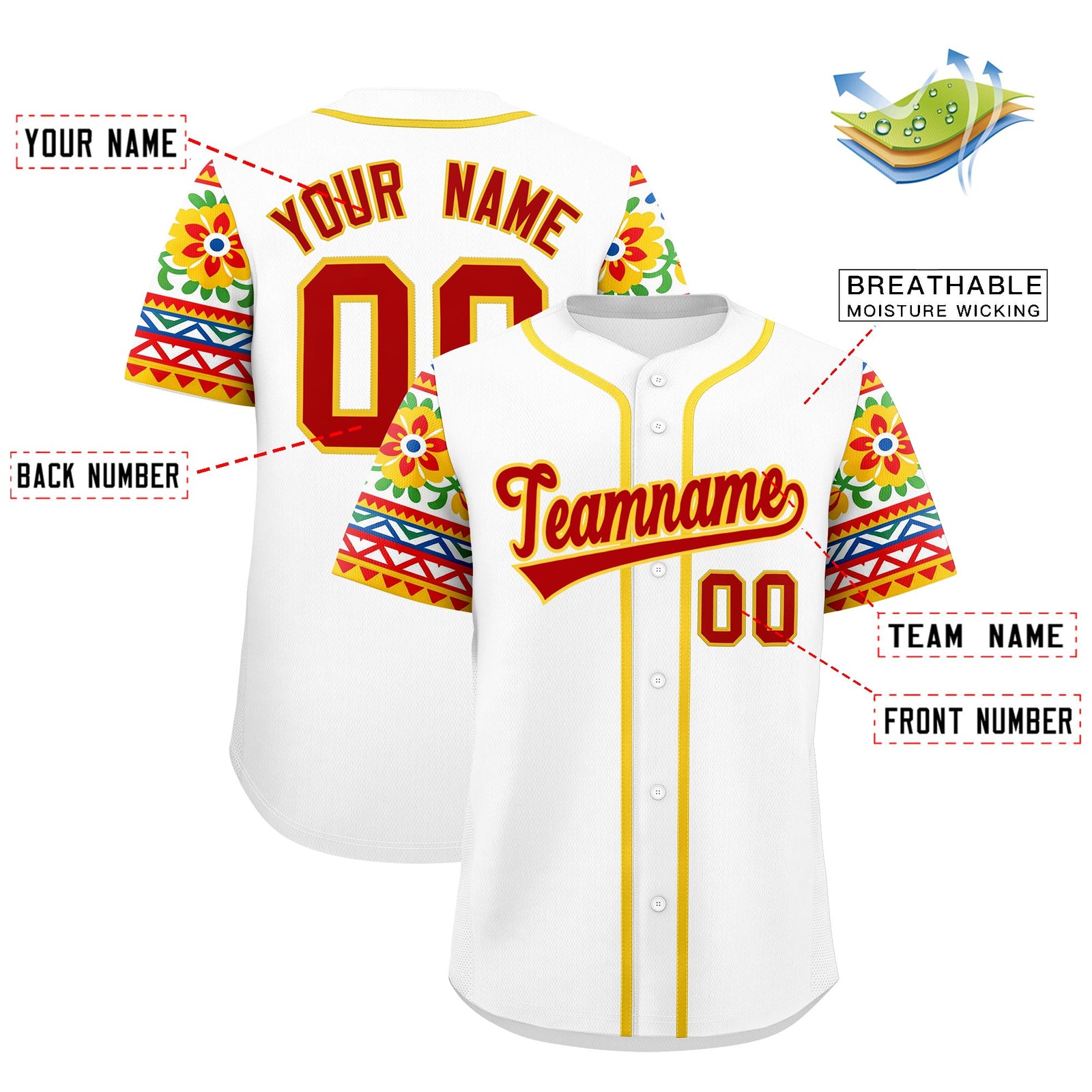 Custom White Red Gold Graffiti Pattern Mexican style Stretch Fabric Baseball Jersey| KXKSHOP