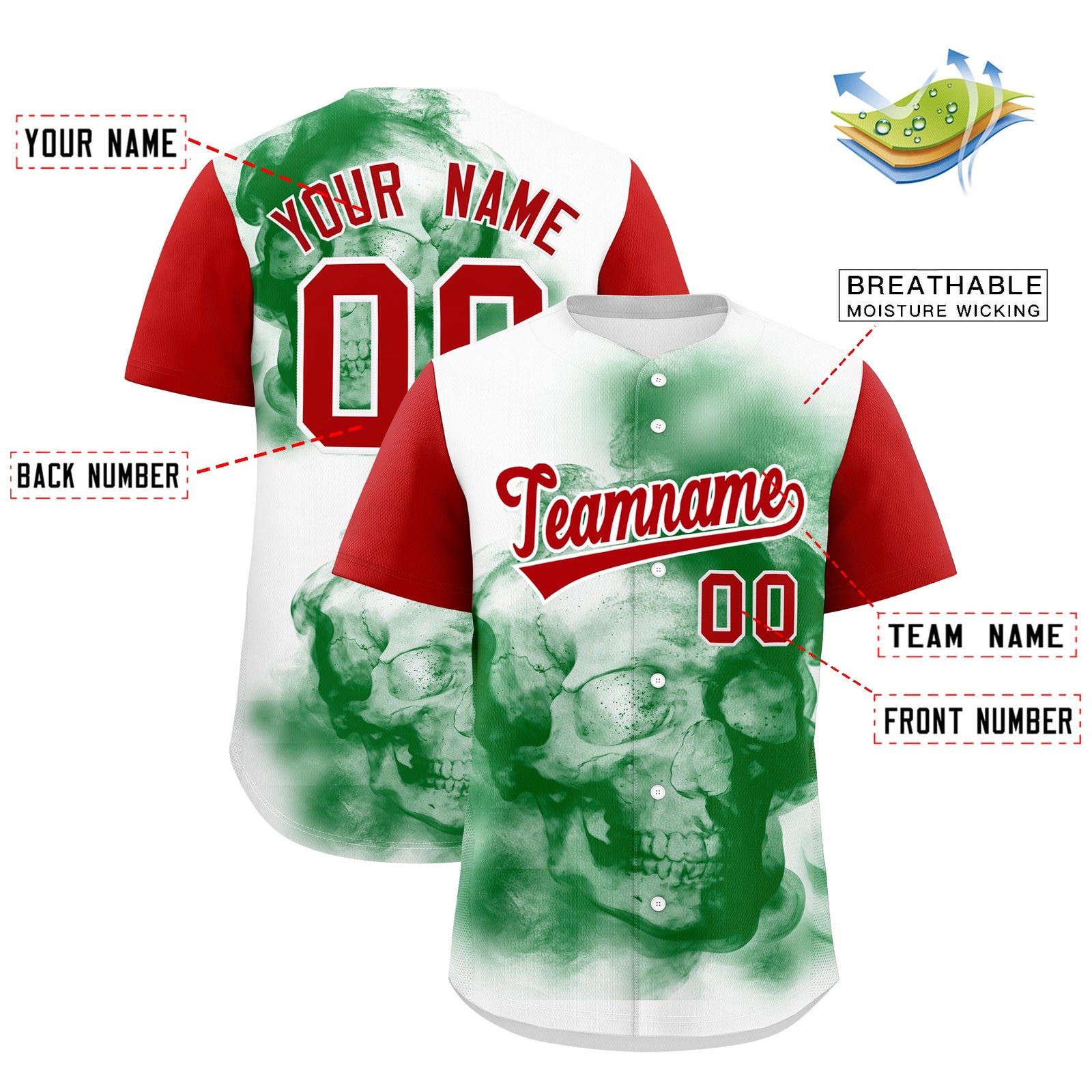Custom White Red Kelly Green Graffiti Pattern Mexican style Stretch Fabric Baseball Jersey| KXKSHOP