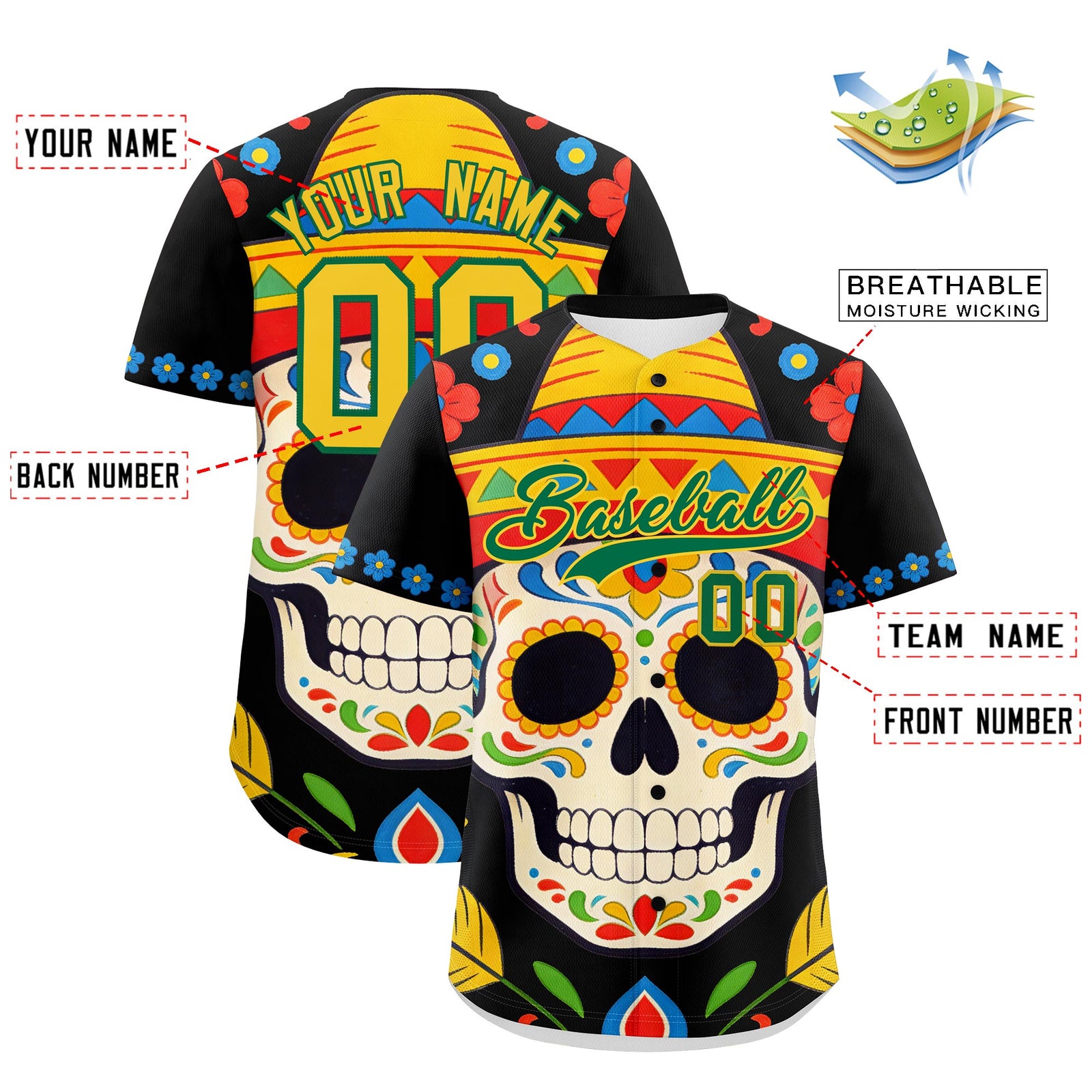Custom Black Kelly Green Gold Graffiti Pattern Mexican style Stretch Fabric Baseball Jersey| KXKSHOP