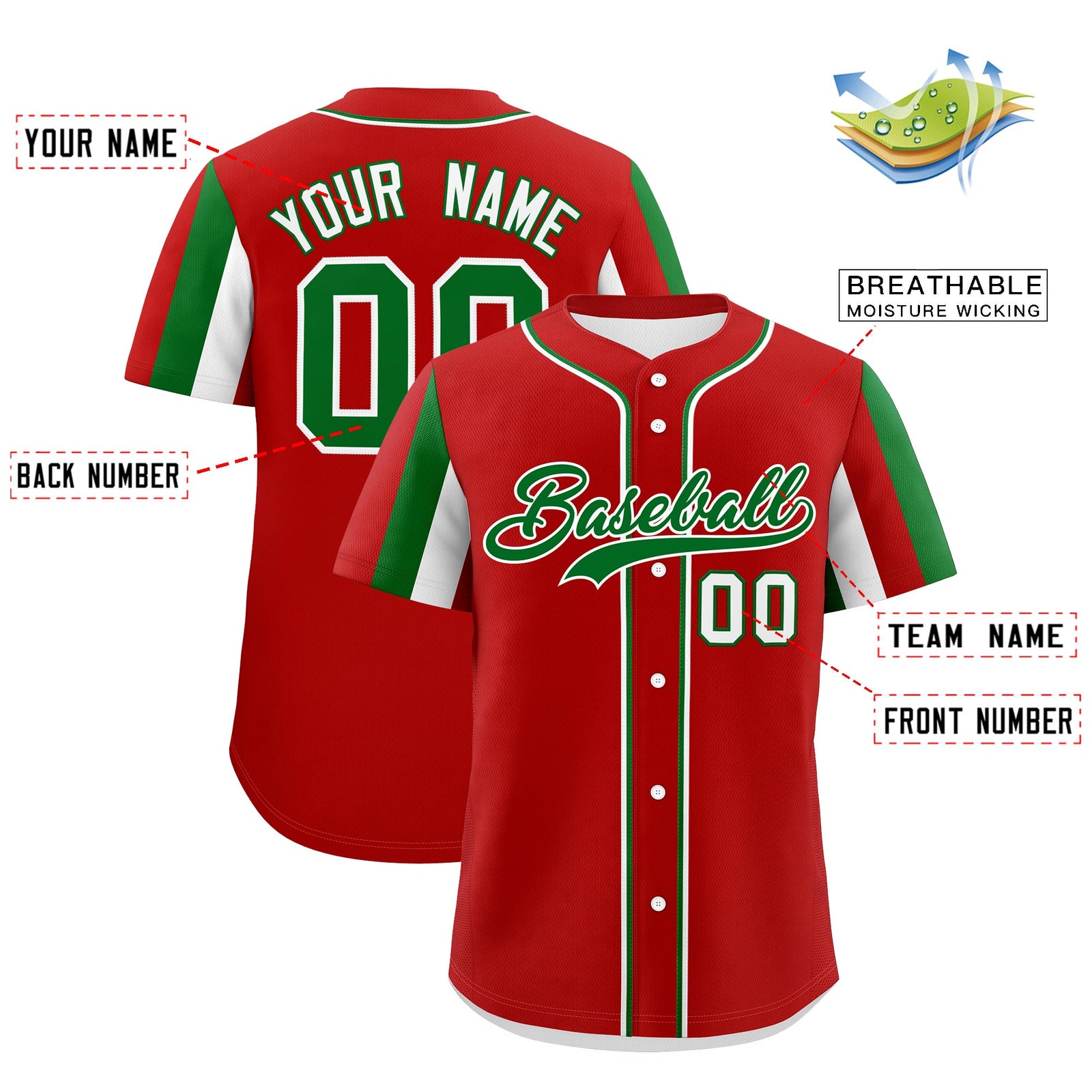 Custom Red Kelly Green White Graffiti Pattern Mexican style Stretch Fabric Baseball Jersey| KXKSHOP