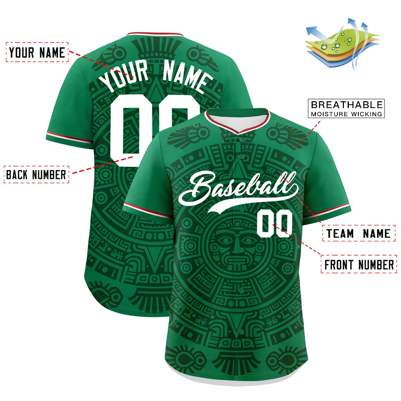 Custom Kelly Green Dark Green White Graffiti Pattern Mexican style Stretch Fabric Baseball Jersey| KXKSHOP