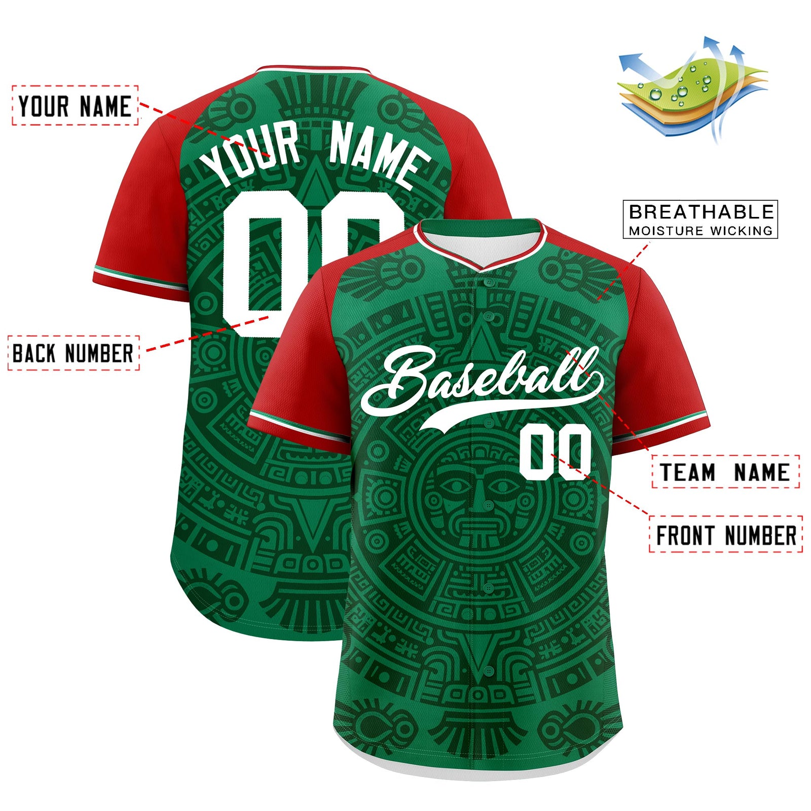 Custom Kelly Green Dark Green Red Graffiti Pattern Mexican style Stretch Fabric Baseball Jersey| KXKSHOP