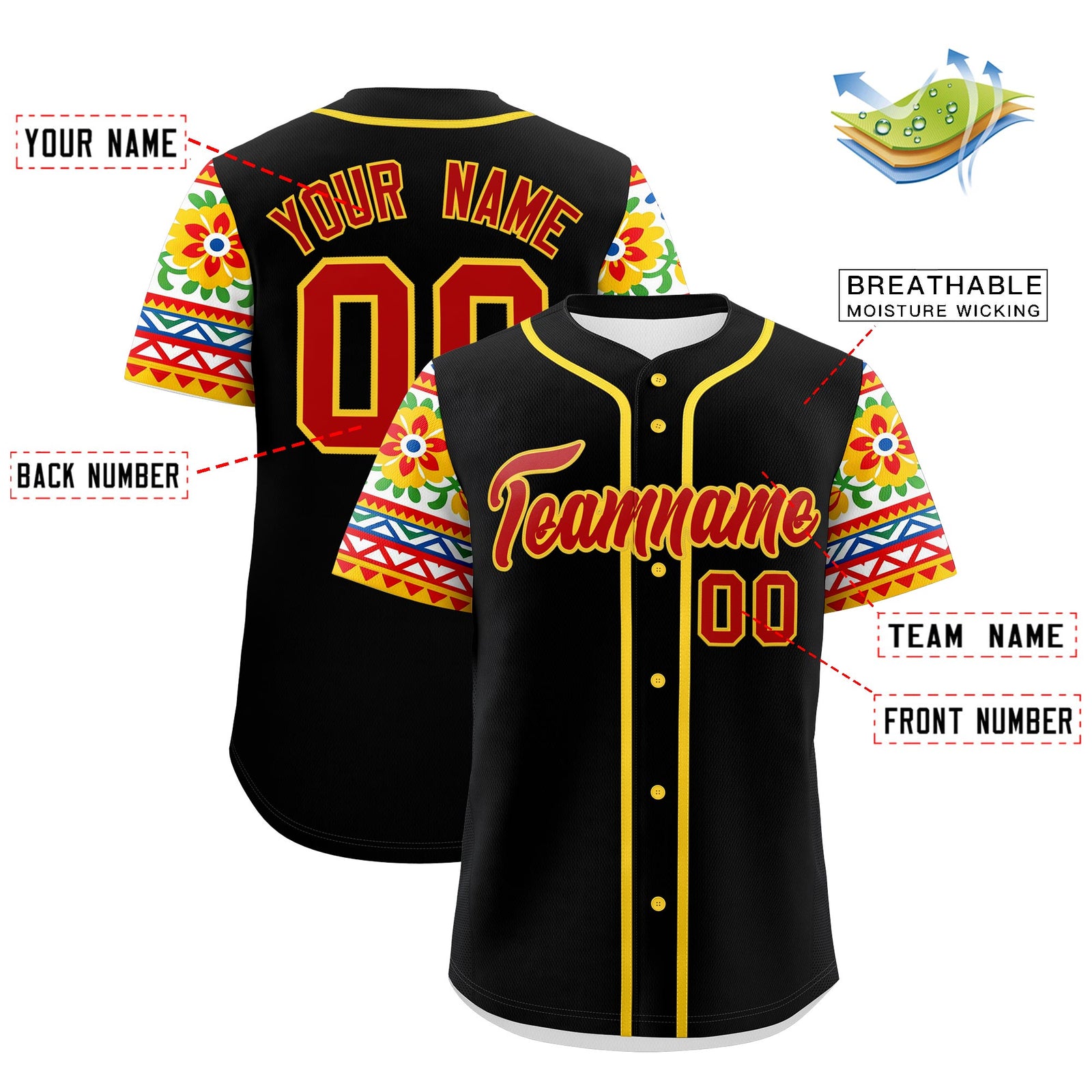 Custom Black Red Gold Graffiti Pattern Mexican style Stretch Fabric Baseball Jersey| KXKSHOP