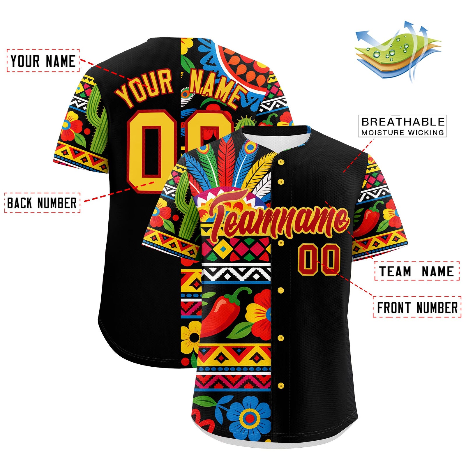 Custom Black Red Gold Graffiti Pattern Mexican style Stretch Fabric Baseball Jersey| KXKSHOP