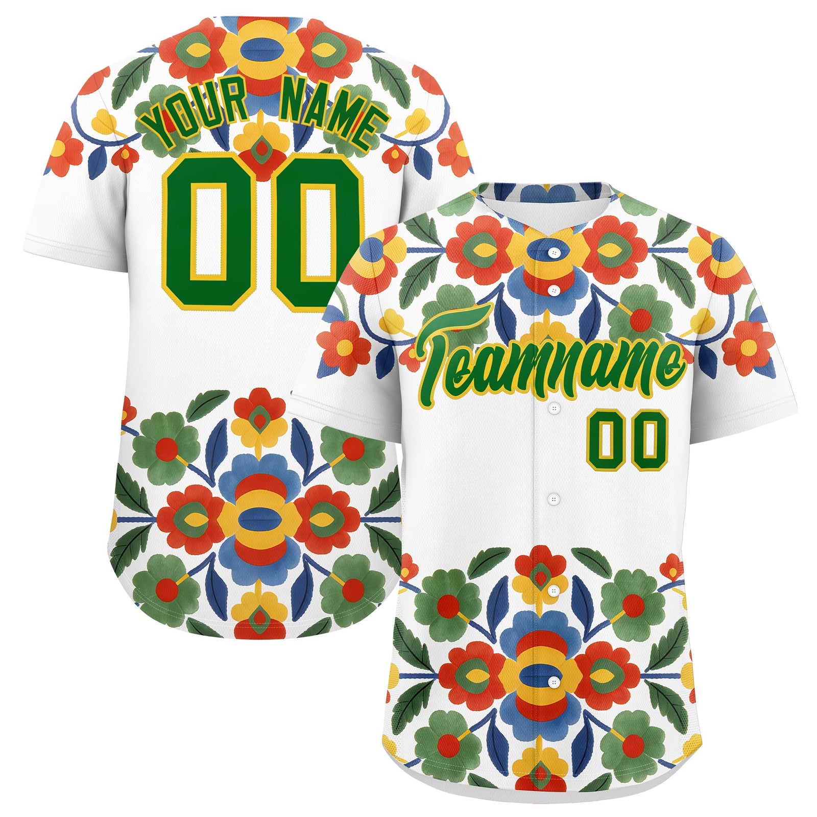 Custom White Kelly Green Gold Graffiti Pattern Mexican style Stretch Fabric Baseball Jersey| KXKSHOP