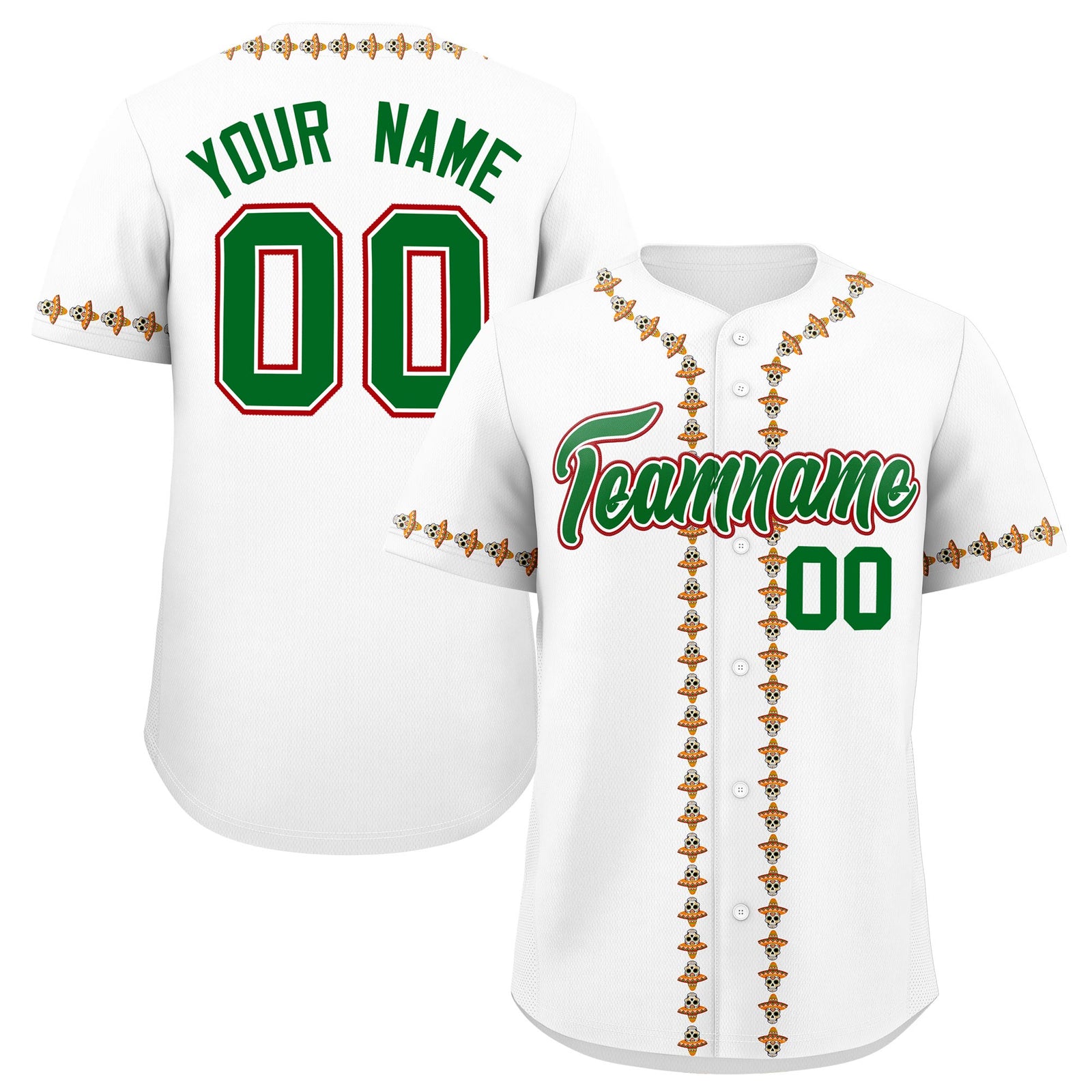 Custom White Kelly Green Red Graffiti Pattern Mexican style Stretch Fabric Baseball Jersey| KXKSHOP