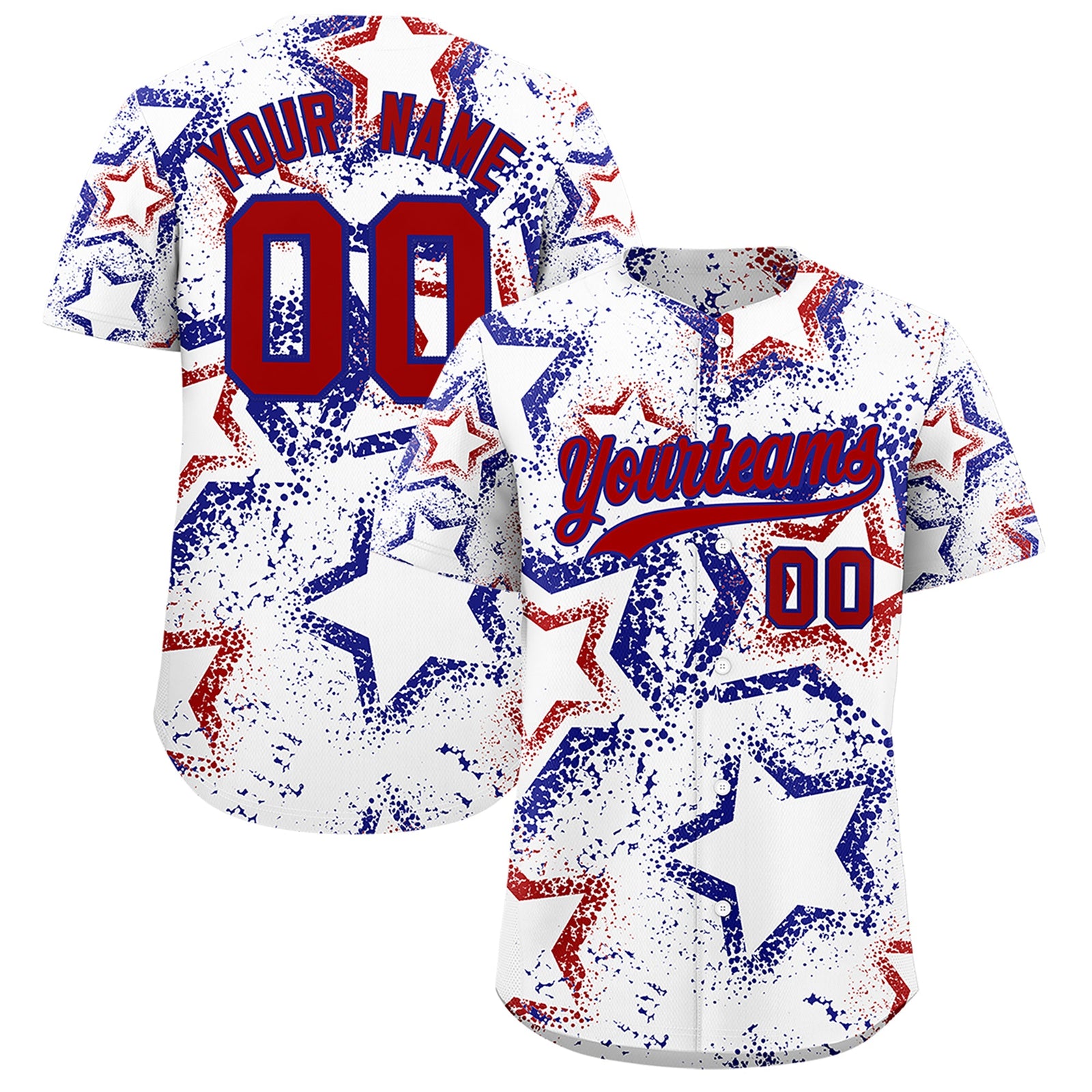 Custom White Royal Blue Red Star-Shaped Ink Texture Graffiti Pattern Baseball Jersey | Sublimation Printed & Stitched,Add Name and Numbern,Perfect for Parties,Perfect for Training | KXKSHOP