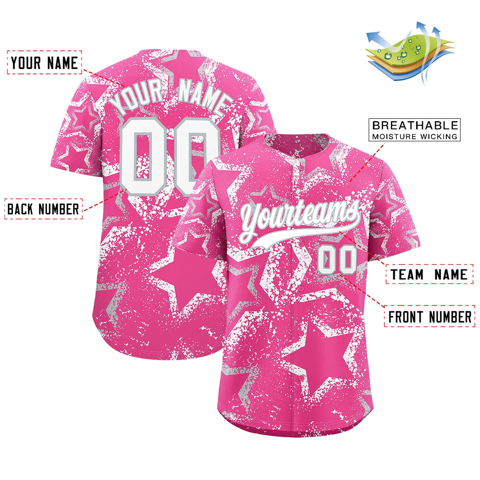 Custom Pink Silver White Star-Shaped Ink Texture Graffiti Pattern Baseball Jersey | Sublimation Printed & Stitched,Add Name and Numbern,Perfect for Parties,Perfect for Training | KXKSHOP