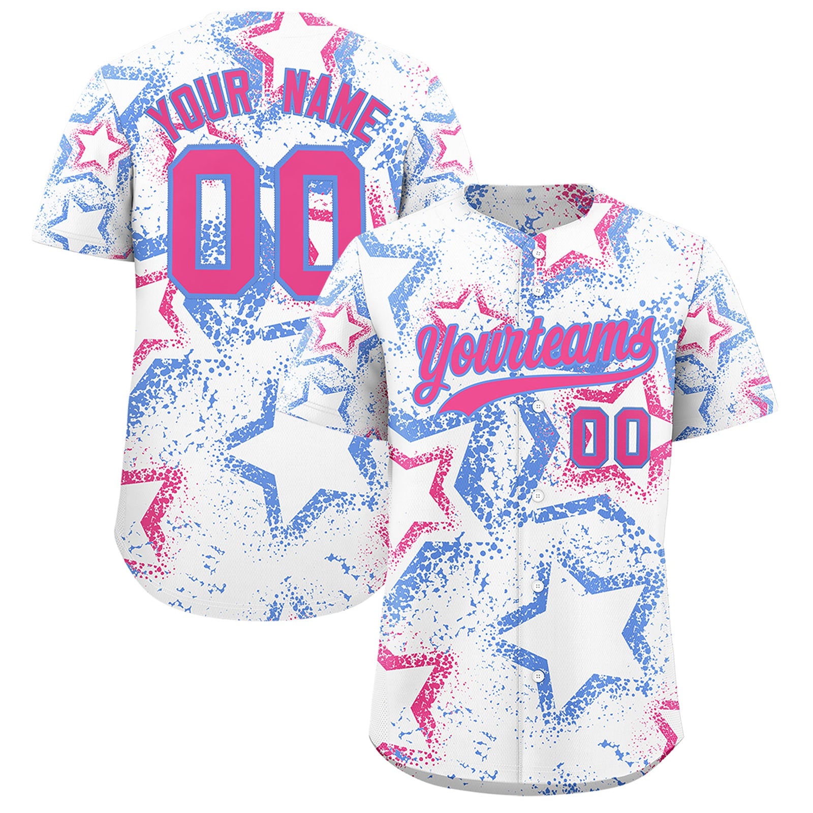 Custom White Light Blue Pink Star-Shaped Ink Texture Graffiti Pattern Baseball Jersey | Sublimation Printed & Stitched,Add Name and Numbern,Perfect for Parties,Perfect for Training | KXKSHOP