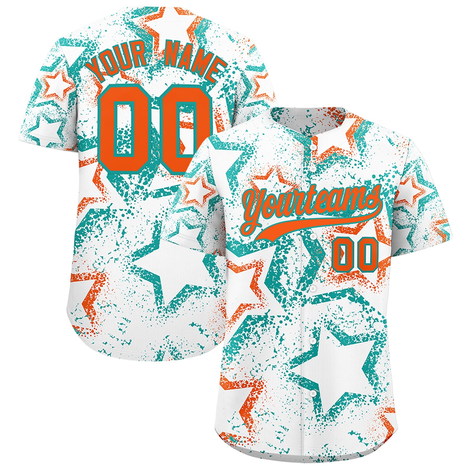 Custom White Aqua Orange Star-Shaped Ink Texture Graffiti Pattern Baseball Jersey | Sublimation Printed & Stitched,Add Name and Numbern,Perfect for Parties,Perfect for Training | KXKSHOP
