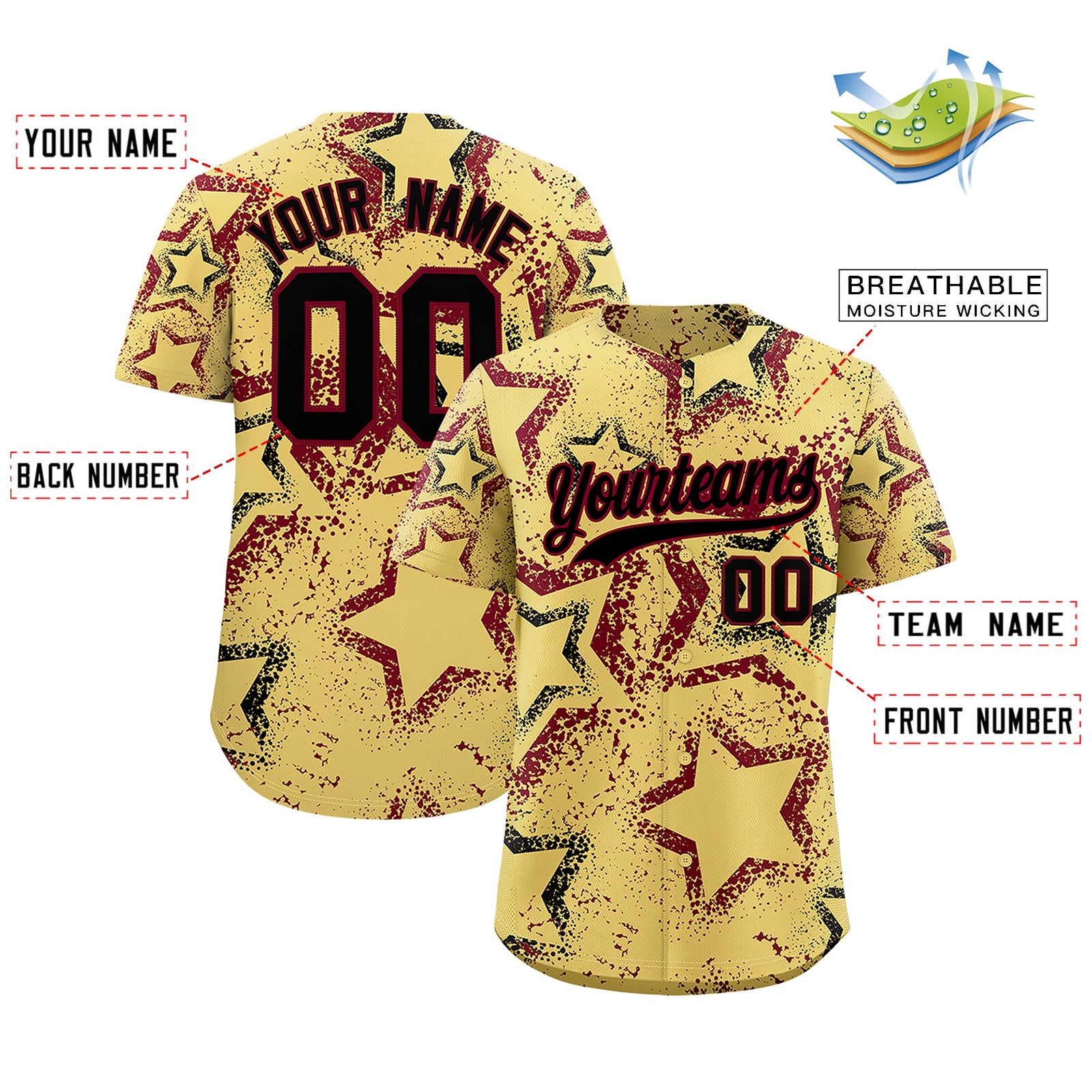 Custom Khaki Black Crimson Star-Shaped Ink Texture Graffiti Pattern Baseball Jersey | Sublimation Printed & Stitched,Add Name and Numbern,Perfect for Parties,Perfect for Training | KXKSHOP