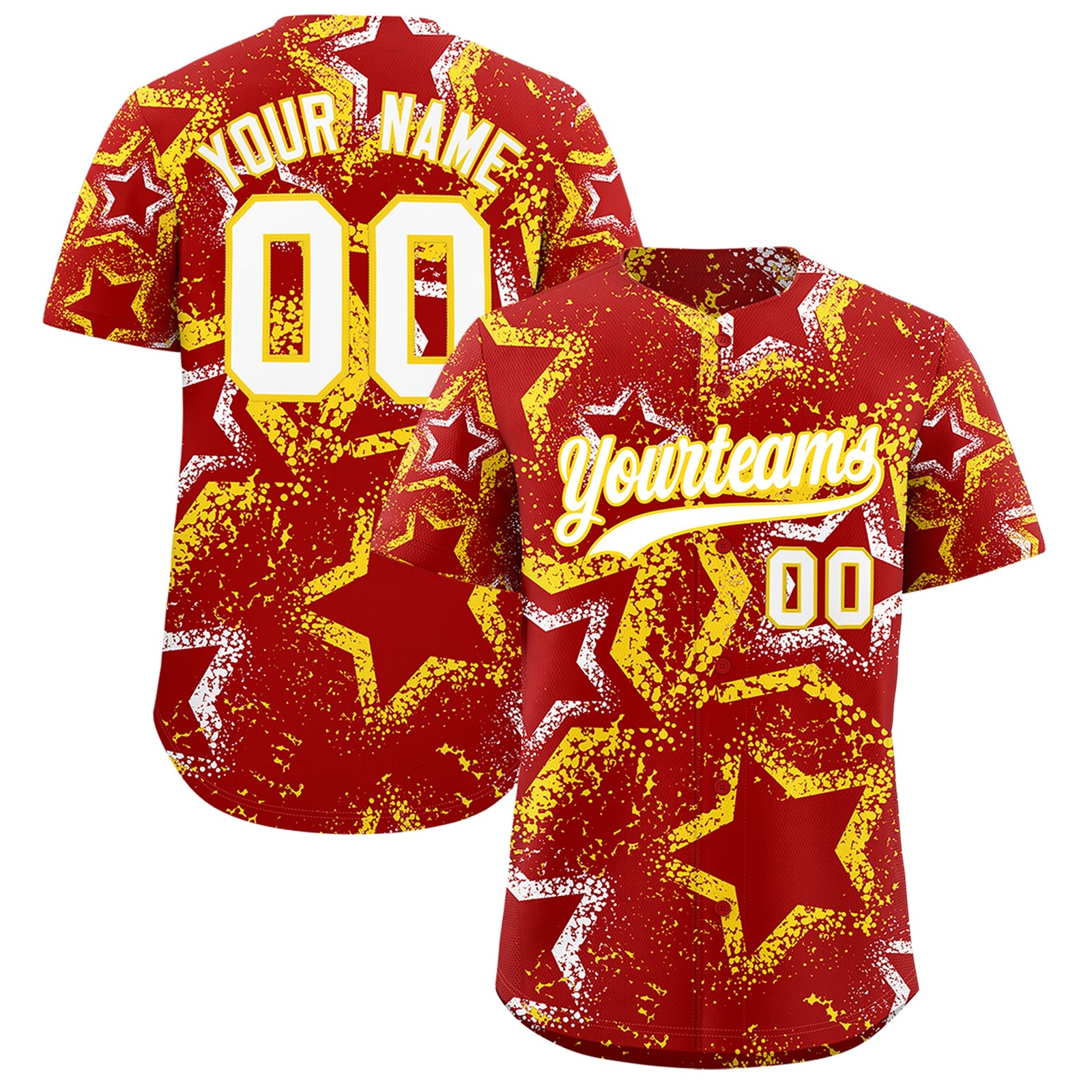Custom Red White Gold Star-Shaped Ink Texture Graffiti Pattern Baseball Jersey | Sublimation Printed & Stitched,Add Name and Numbern,Perfect for Parties,Perfect for Training | KXKSHOP