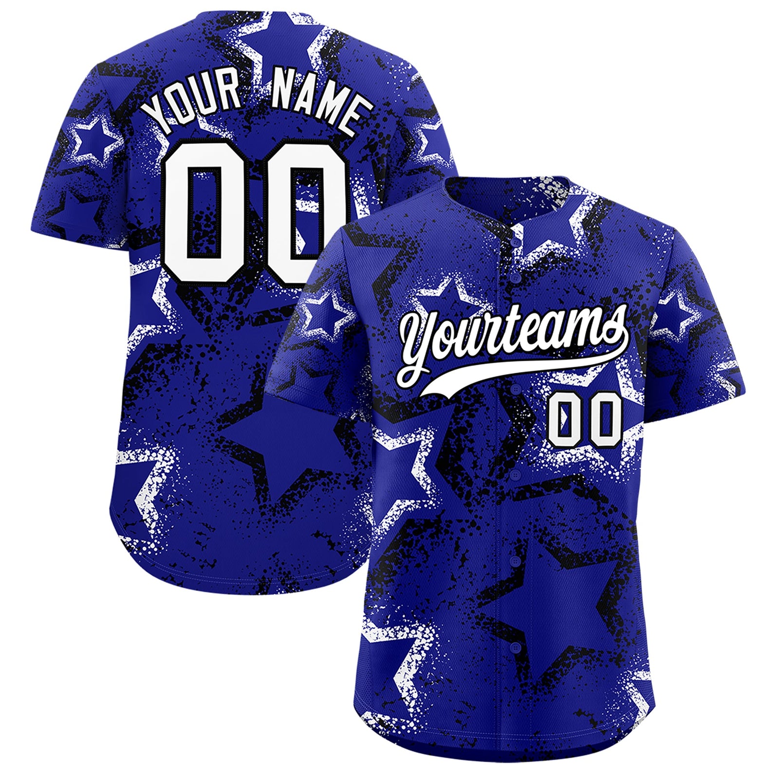 Custom Royal Blue Black White Star-Shaped Ink Texture Graffiti Pattern Baseball Jersey | Sublimation Printed & Stitched,Add Name and Numbern,Perfect for Parties,Perfect for Training | KXKSHOP