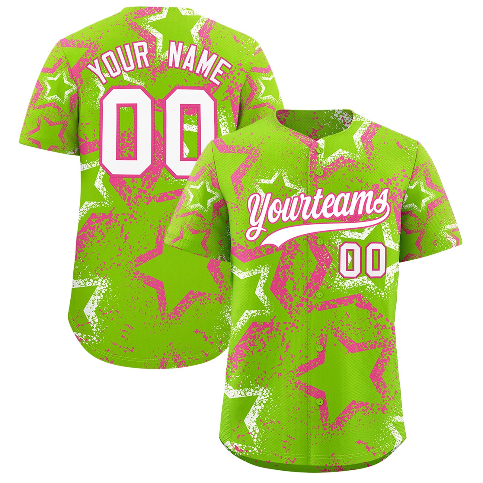 Custom Neon Green Pink White Star-Shaped Ink Texture Graffiti Pattern Baseball Jersey | Sublimation Printed & Stitched,Add Name and Numbern,Perfect for Parties,Perfect for Training | KXKSHOP