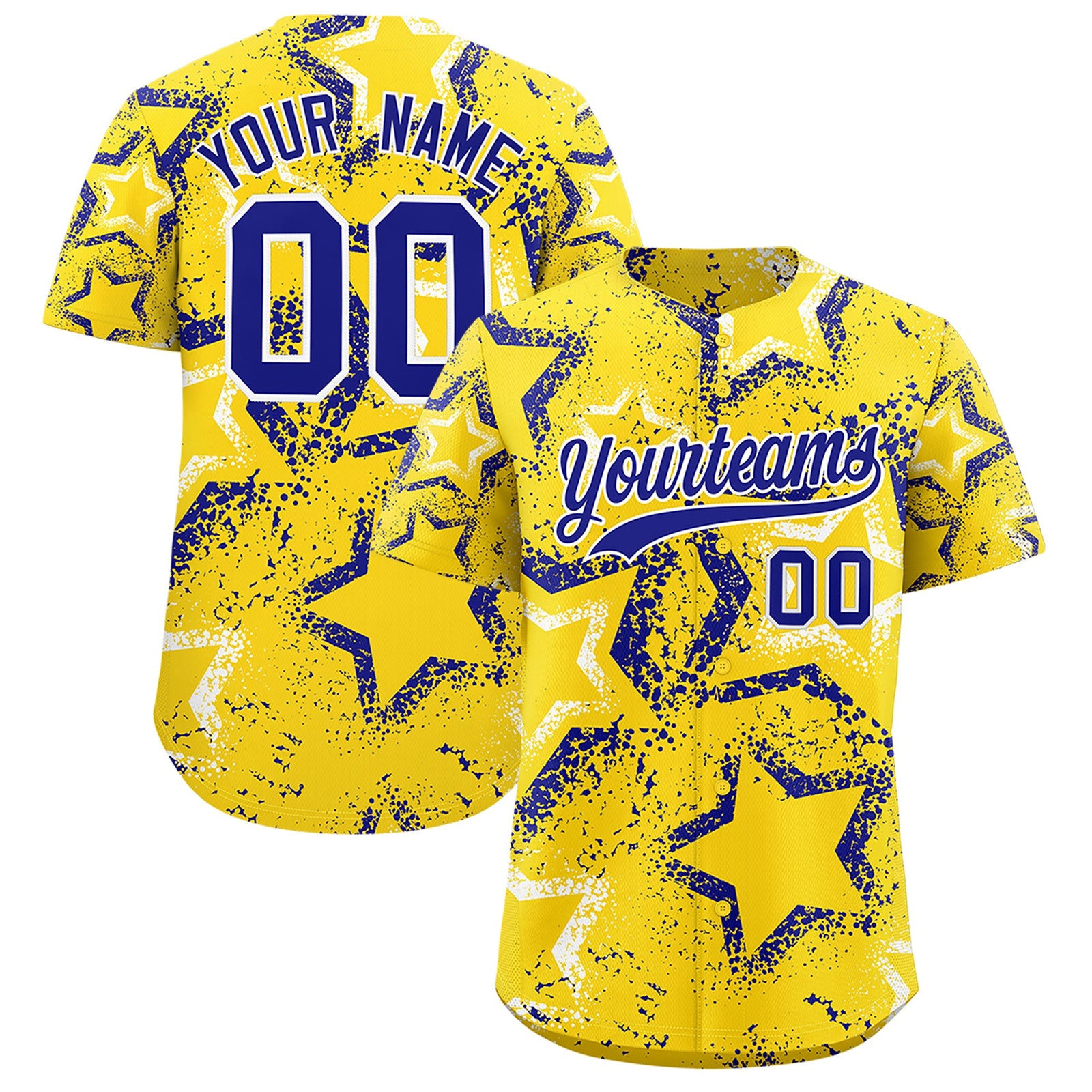 Custom Gold White Royal Blue Star-Shaped Ink Texture Graffiti Pattern Baseball Jersey | Sublimation Printed & Stitched,Add Name and Numbern,Perfect for Parties,Perfect for Training | KXKSHOP