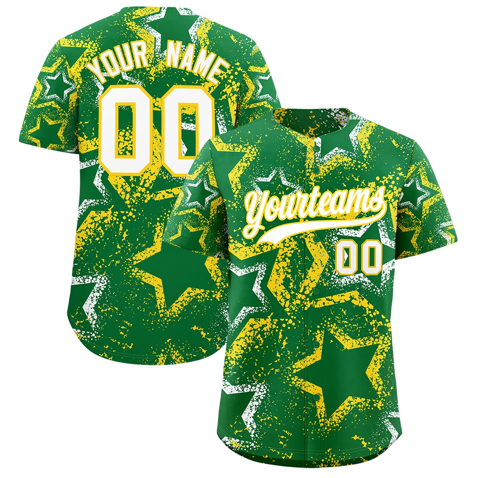 Custom Kelly Green White Gold Star-Shaped Ink Texture Graffiti Pattern Baseball Jersey | Sublimation Printed & Stitched,Add Name and Numbern,Perfect for Parties,Perfect for Training | KXKSHOP