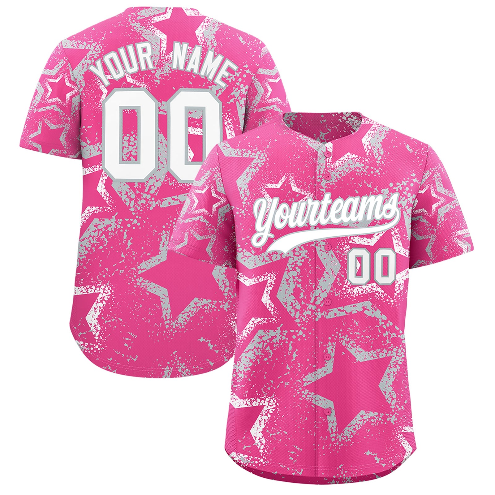 Custom Pink White Silver Star-Shaped Ink Texture Graffiti Pattern Baseball Jersey | Sublimation Printed & Stitched,Add Name and Numbern,Perfect for Parties,Perfect for Training | KXKSHOP